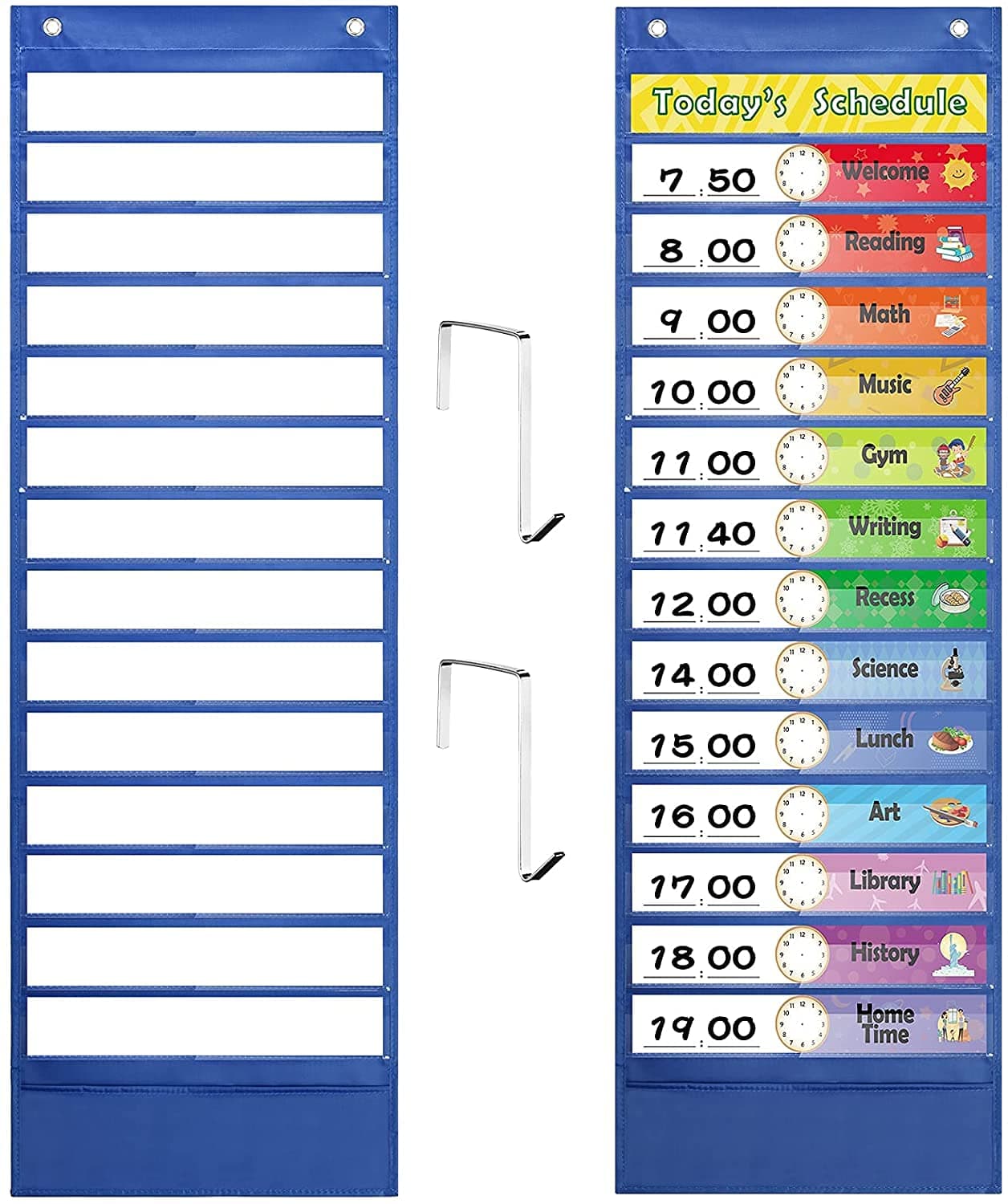 KASTWAVE Daily Schedule Pocket Chart, blue Visual Class Schedule Chart with 13+1 Pockets, 18 Reusable Dry Erase Cards (13 Colored and 5 Blank), Over-Door and Wall Hooks