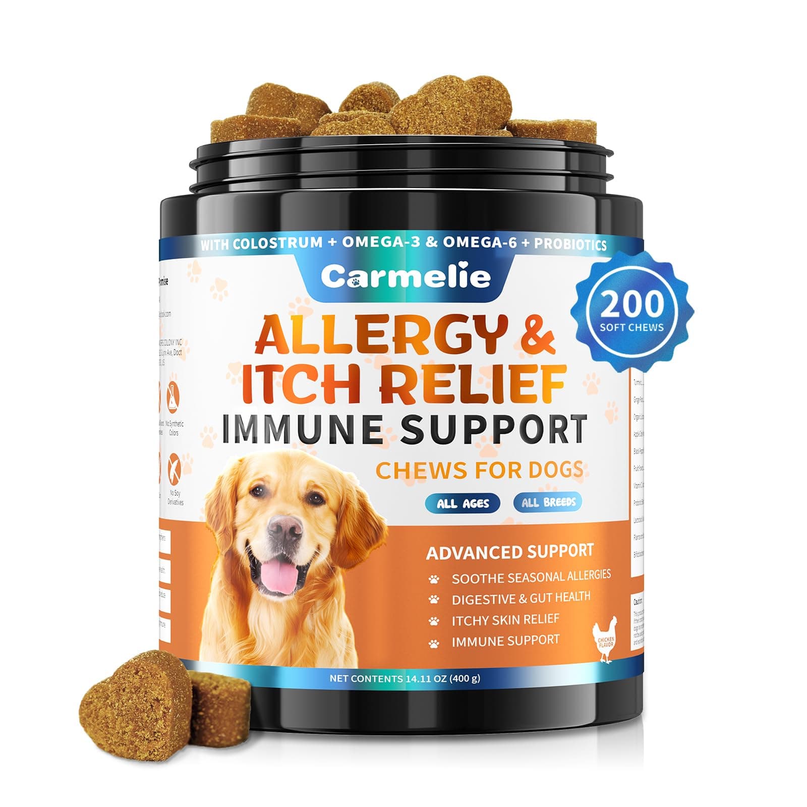 Itchy Dog Skin Relief 200 Chews - Anti Itch Treats for Dogs - Omega 3 Probiotics for Dog - Itchy & Paw Licking Allergy Relief, Seasonal Allergies, Skin & Coat Support (Chicken)