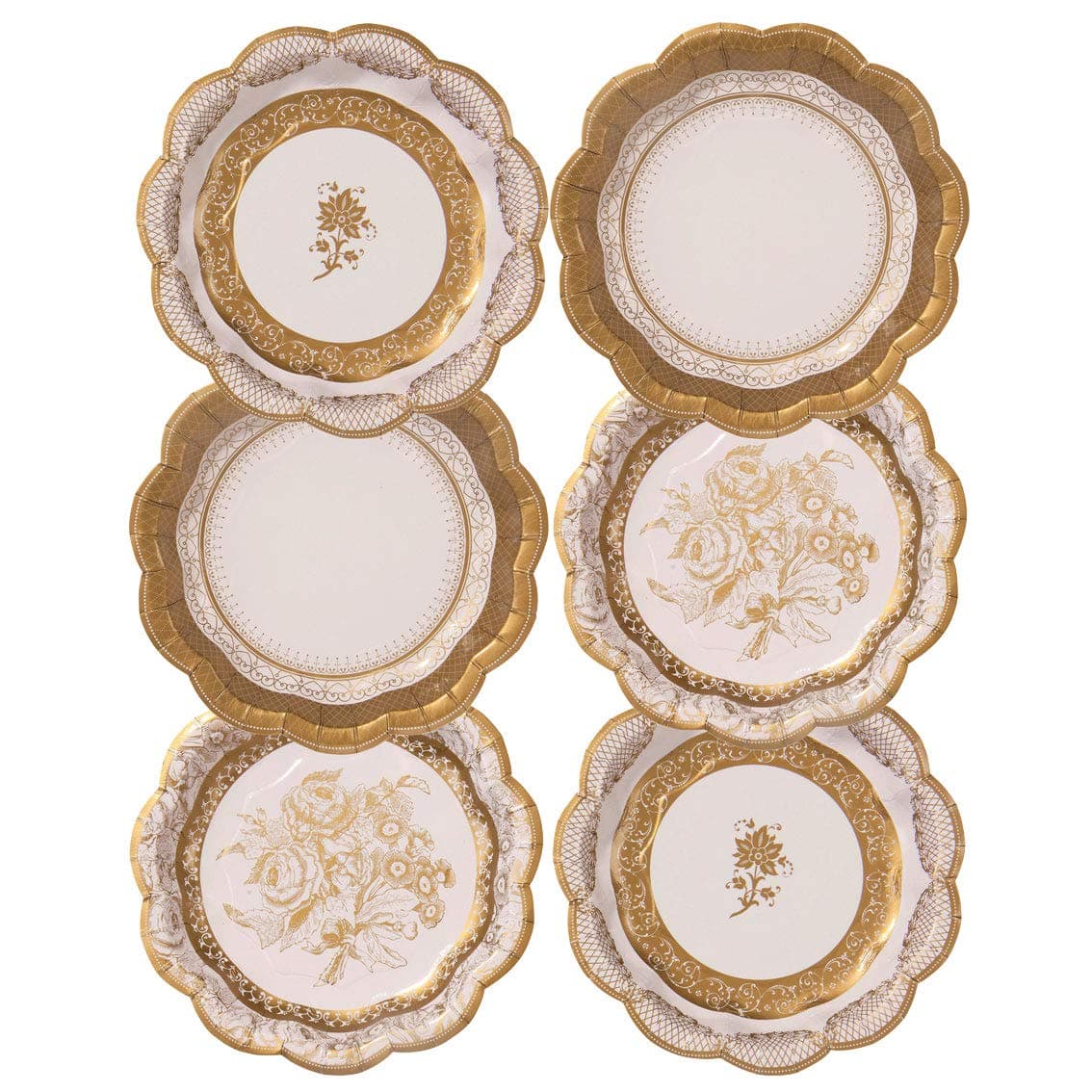 Gold Vintage Style Small Paper Party Dessert Plates | 3 Designs | Unique, Glamorous, Disposable | For Weddings, Anniversary, Afternoon Tea, Birthday, Occasion, Celebration Pack of 12