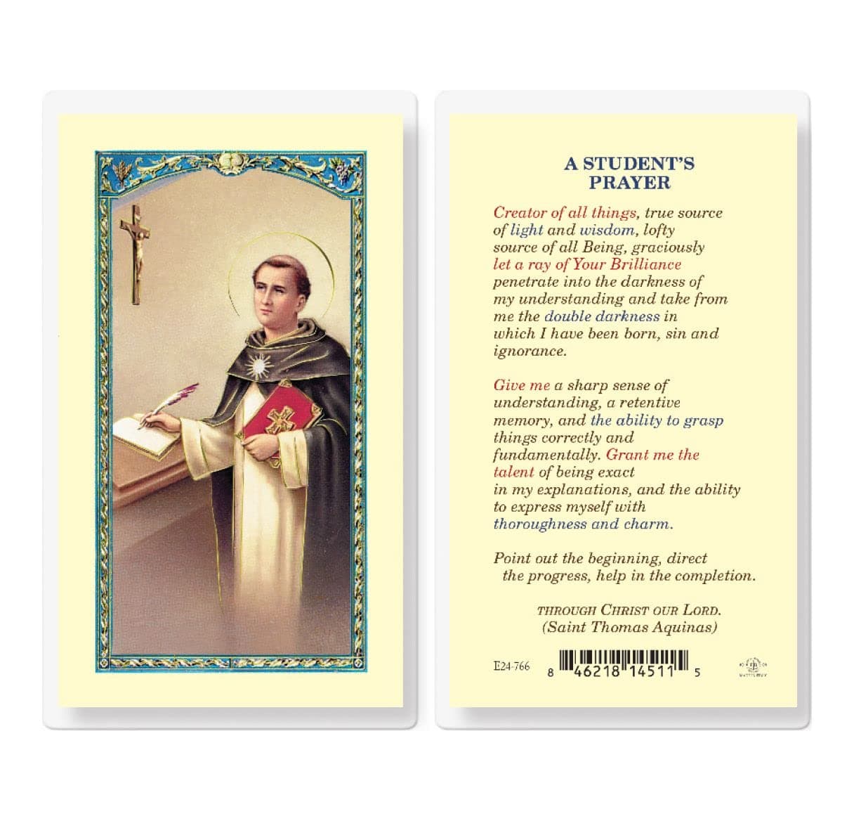 A Student's Prayer/St. Thomas Aquinas Laminated Holy Cards, 25-Count Value Pack