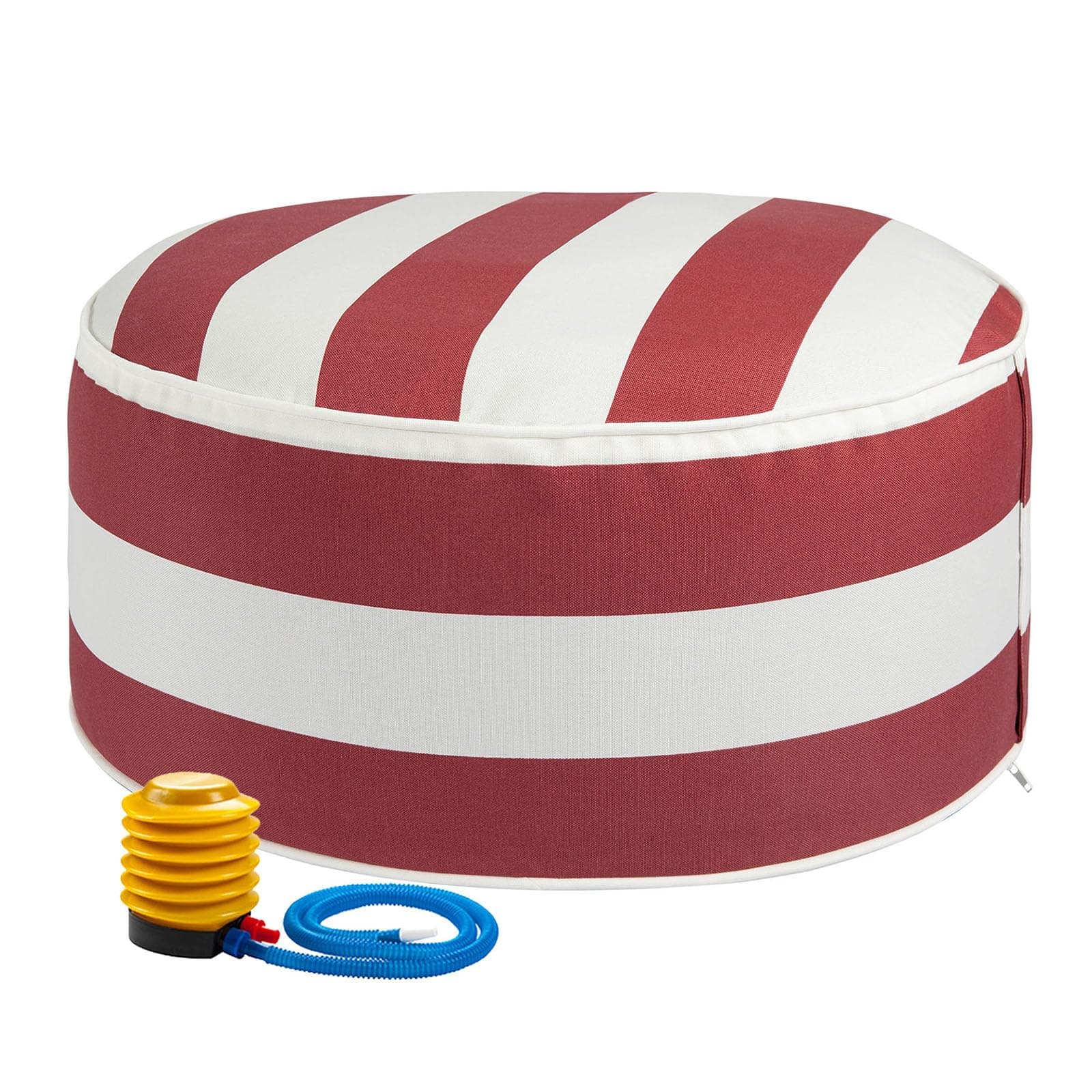Inflatable Outdoor Ottoman with Air Pump,20"x9" Portable Patio Pouf,Water Resistant,Fade-Resistant,Round Blow Up Footrest Stools for Home Garden Camping Travel(Red White)