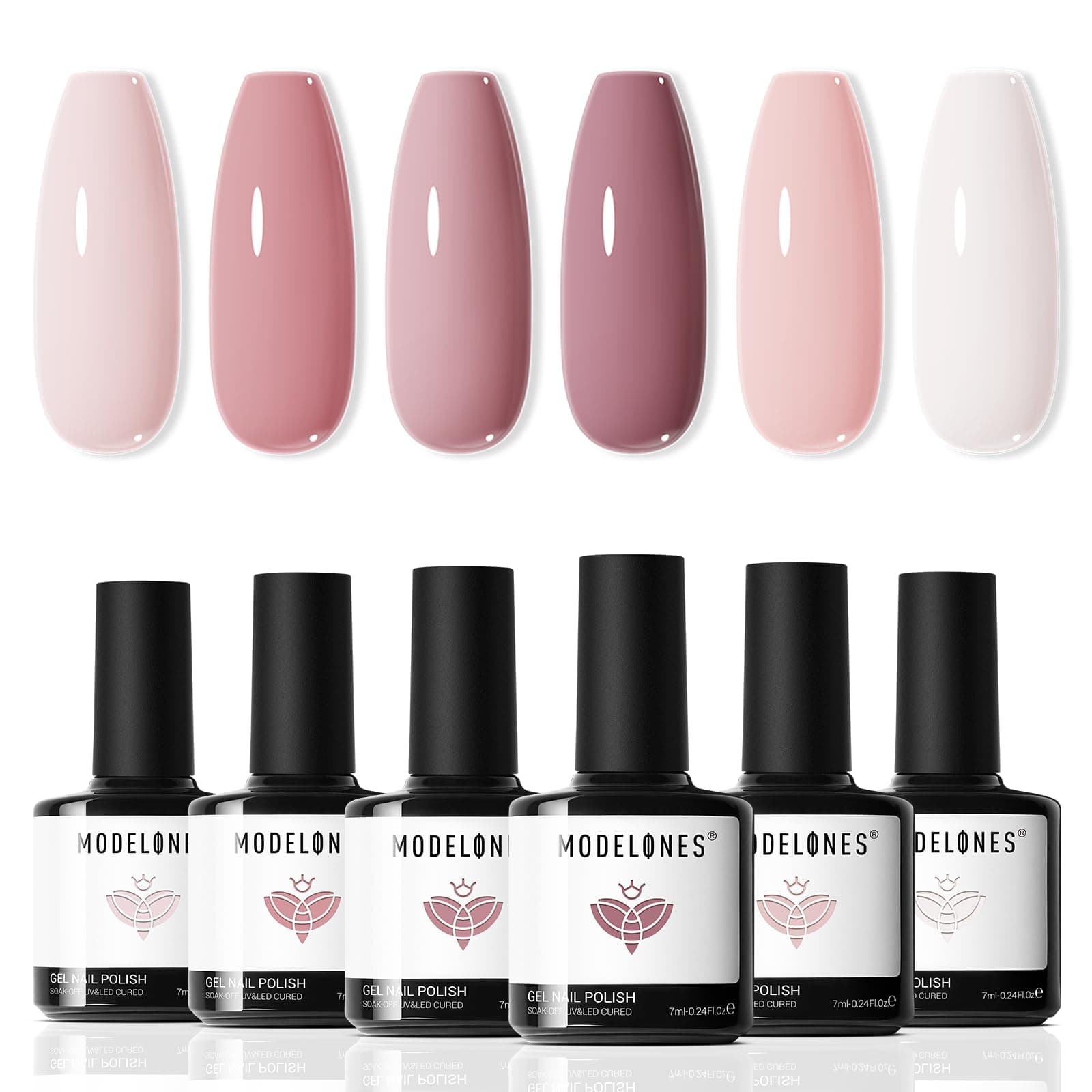 Modelones Gel Polish Set - 6 Colors Nude White Pastel Pink for All Seasons - Soak Off Nail Starter Kit for Manicure DIY and Salon - With Beauty Gift Box