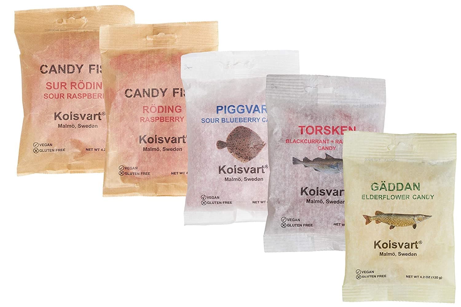 Norsland Lefse Kolsvart Swedish Candy Variety Pack, 4.2 Ounces - Raspberry, Blackcurrant & Raspberry, Sour Blueberry, Sour Raspberry, Elderflower (Pack of 5)