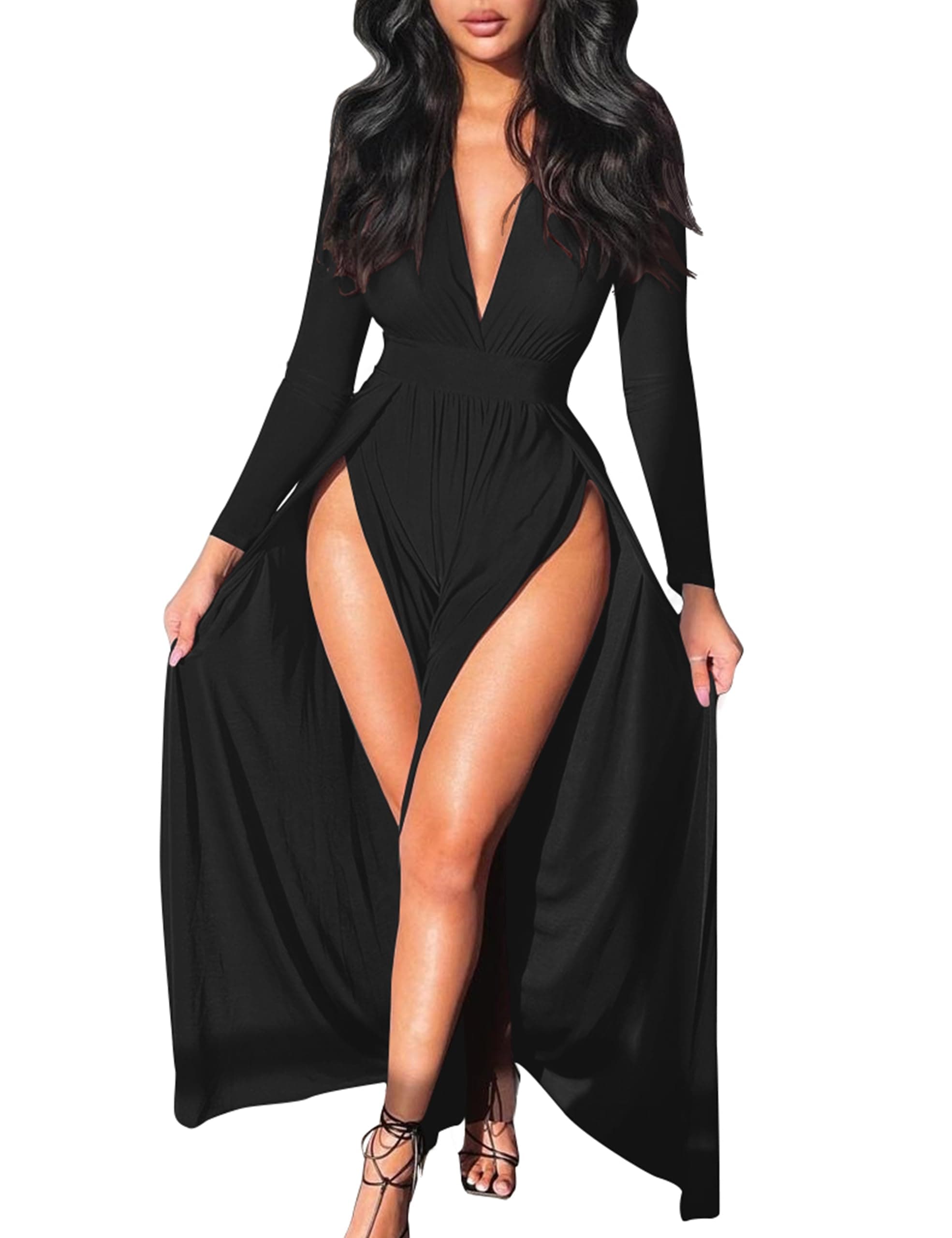Women's Sexy Plunge V Neck Long Sleeve Double High Split Bodycon Long Maxi Dress