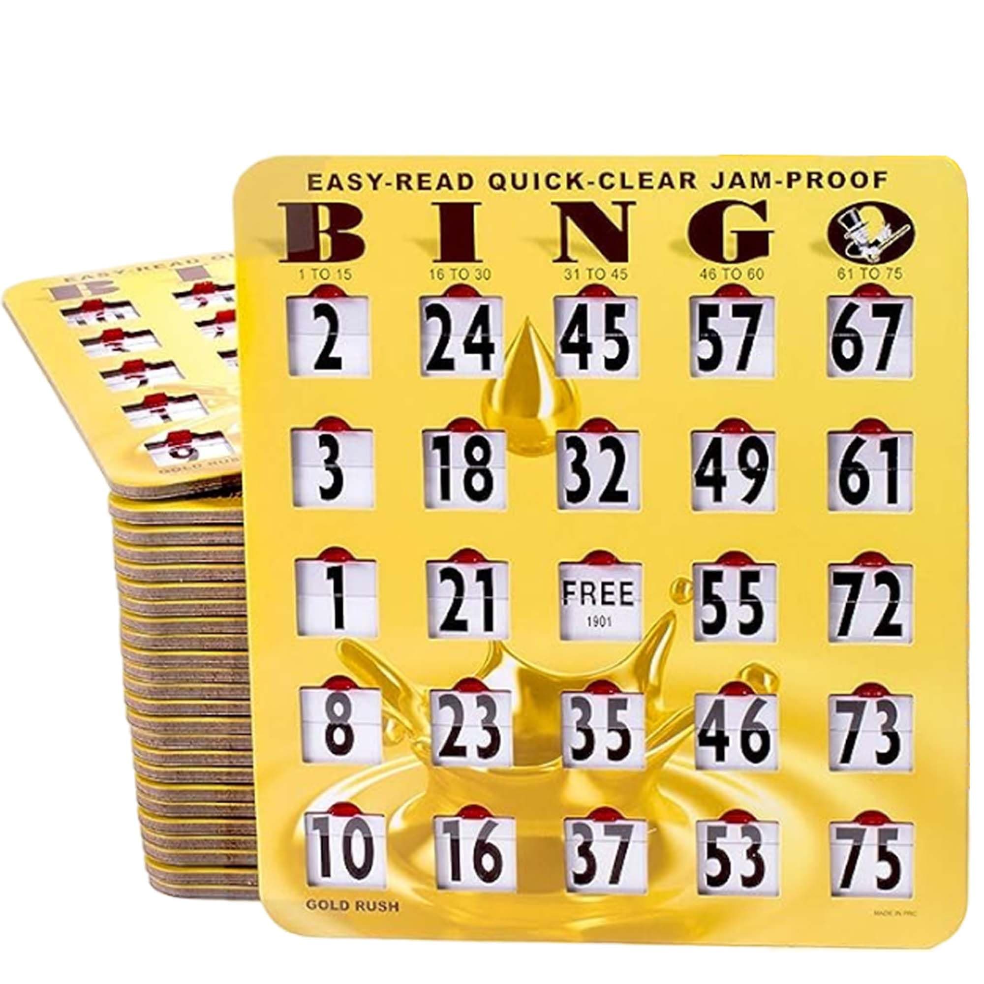 MR CHIPS Jam-Proof Easy-Read Quick-Clear Large Print Fingertip Slide Bingo Cards with Sliding Windows - 25 Pack in Gold Rush Style