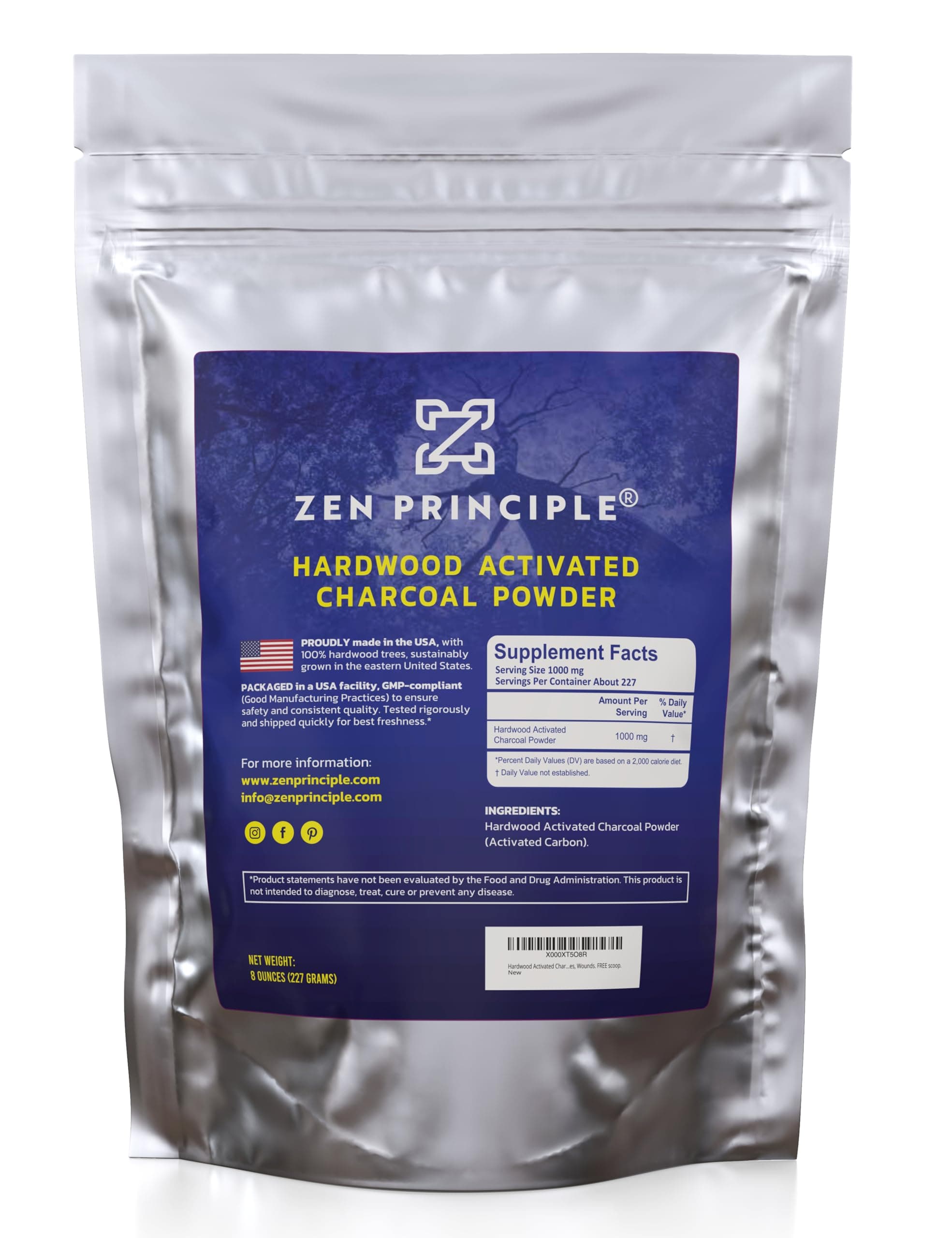 Zen Charcoal Hardwood Activated Charcoal Powder 100% from USA Trees 8 oz. All Natural. Whitens Teeth, Rejuvenates Skin and Hair, Detoxifies, Helps Digestion, Treats Poisoning, Bug Bites, Wounds. FREE scoop!