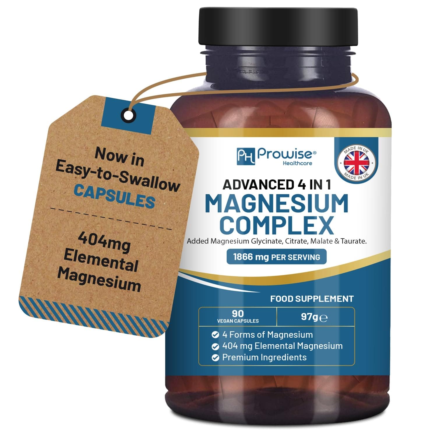 Magnesium Glycinate Complex 4 in 1-1866mg per Serving | Precise 404mg Elemental Magnesium dose | Added Magnesium Glycinate, Citrate, Malate & Taurate | 90 Vegan Capsules - by Prowise