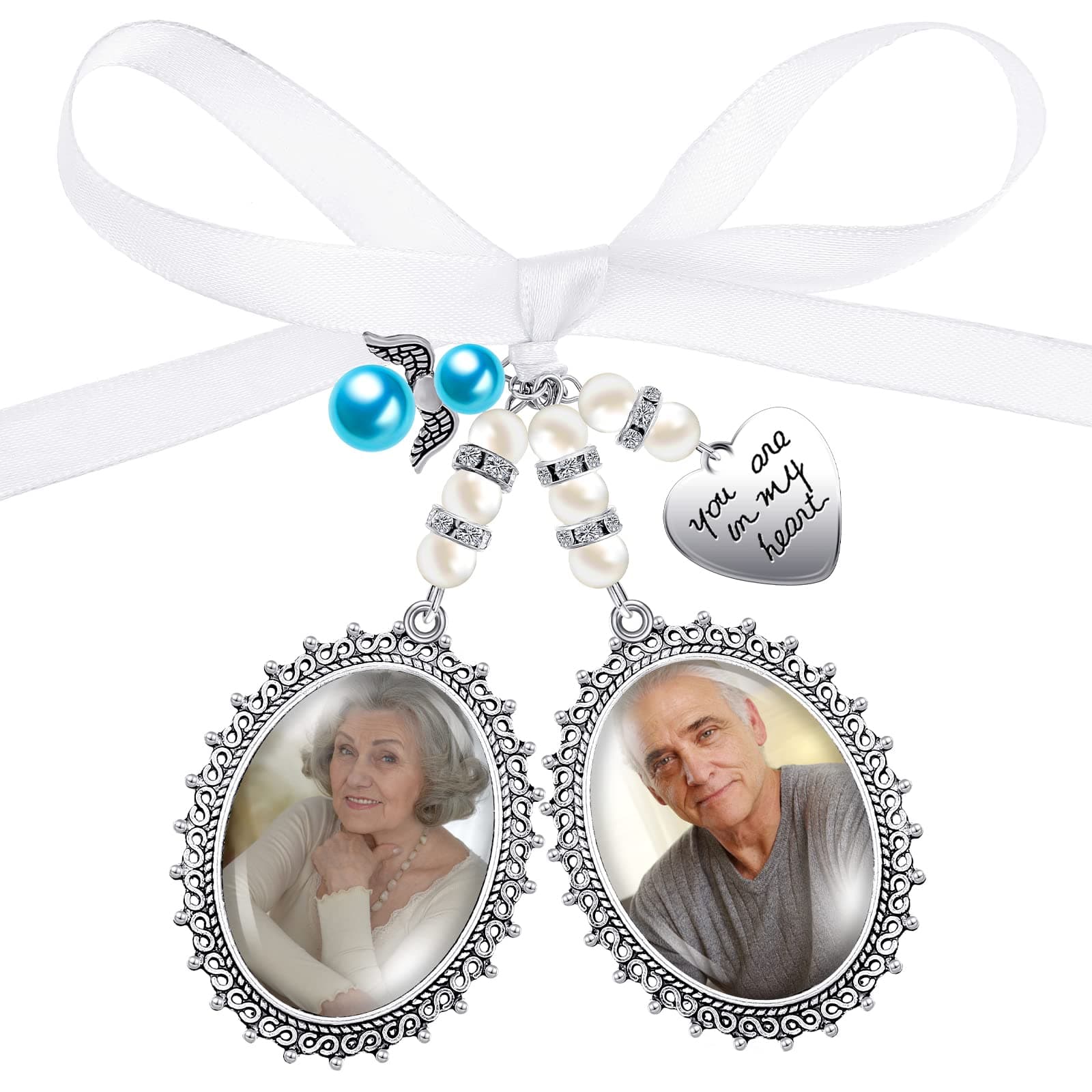 Hicarer Wedding Bouquet Charm for Wedding Memory Lacy Oval Bride Memorial Angel Photo Charm You Are Always in My Heart for Bridal Party (Double Pendant Style)