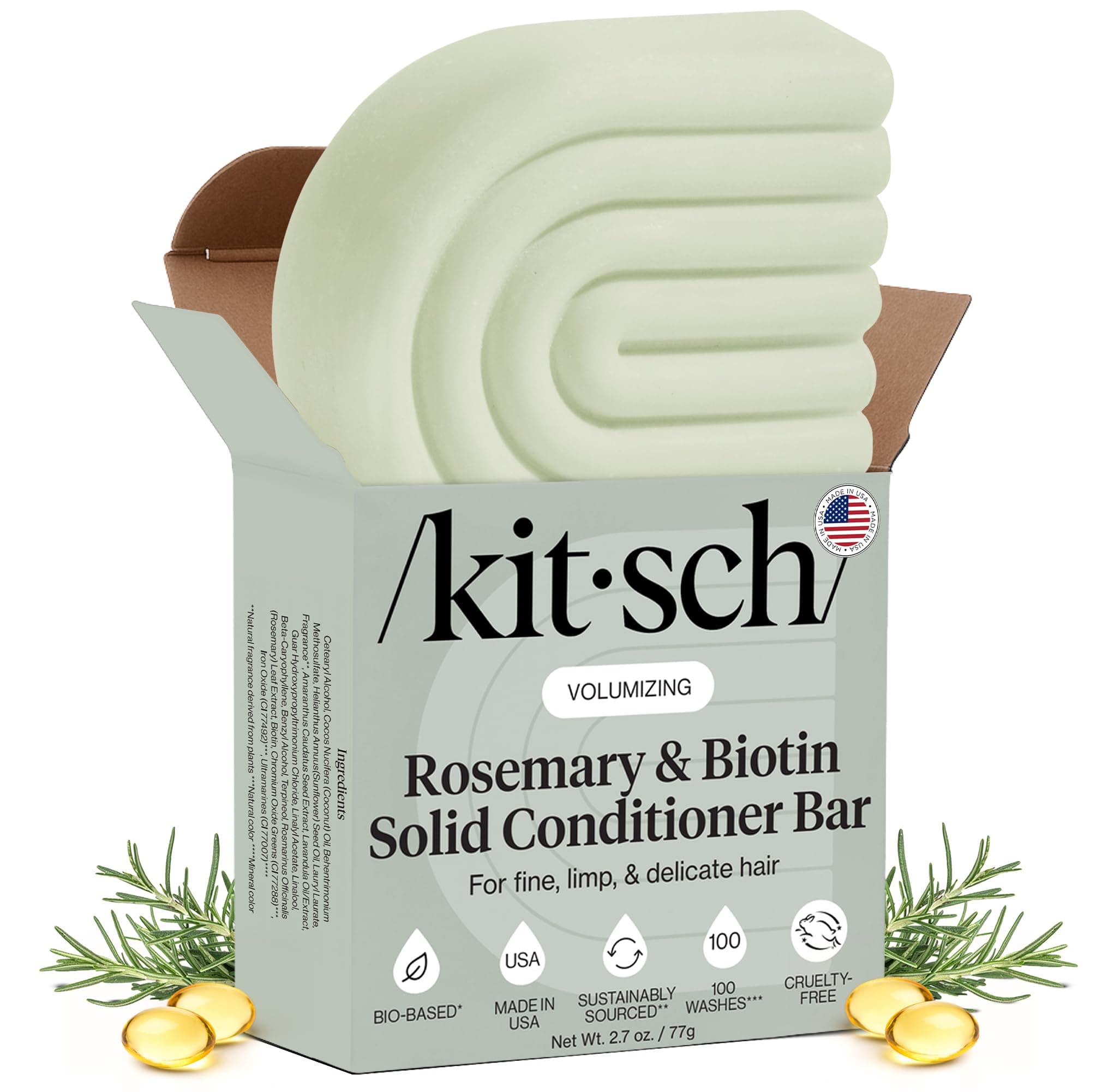 Rosemary & Biotin Natural Hair Conditioner Bar, Organic, Vegan, Volumizing, Hydrating & Cleansing Conditioner for Curly or Straight Hair, Plastic, Paraben & Sulfate Free, Eco Friendly, 2.7 oz