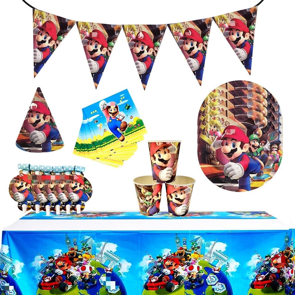 62pcs Mari _ bros Party Supplies ,Unique Birthday Party Decorations Includes Banner Tablecloth Cups Plates Napkins for Super bros Birthday Décor Serves 12 Kids