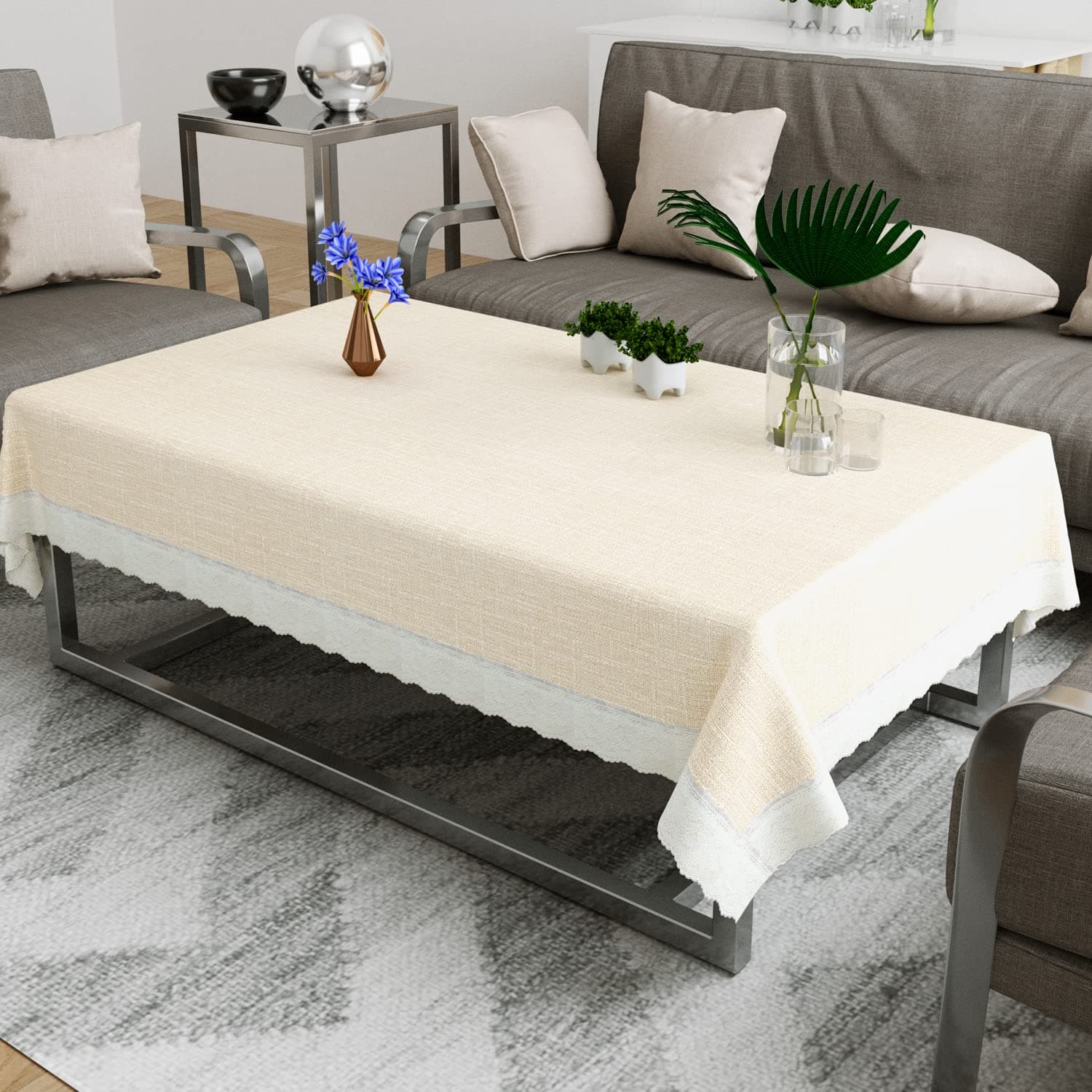 Dream Weaverz Table Cover/Table Cloth- Elegant & Durable Table Protector with Non-Slip Backing (Center 60x40 Inches, Cream & White)