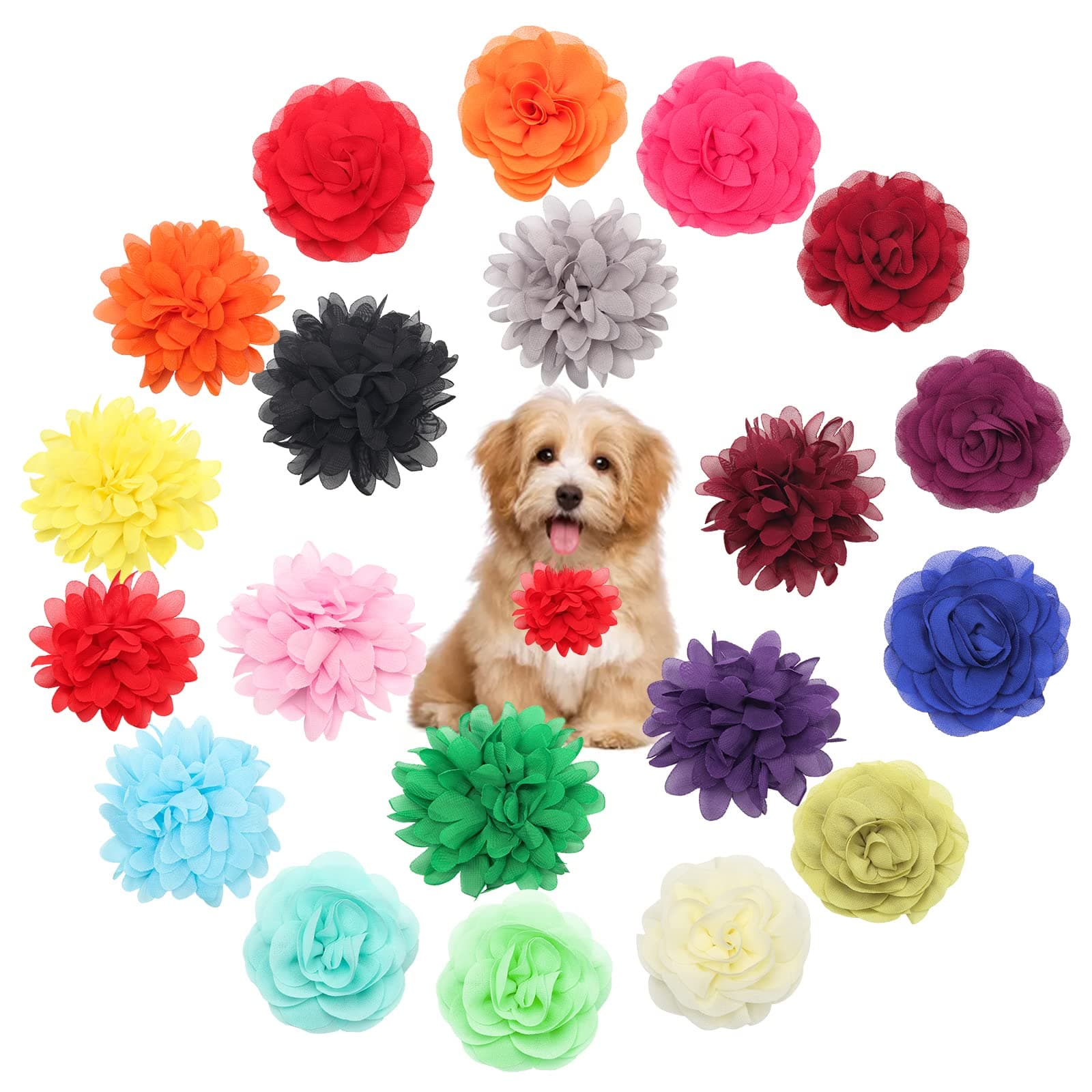 20Pcs Dog Flower Collar Accessory, Multi-Color Pet Flower Collars Soft Chiffon Dog Bow Tie Charms for Puppy Grooming Accessories (2 Sizes)