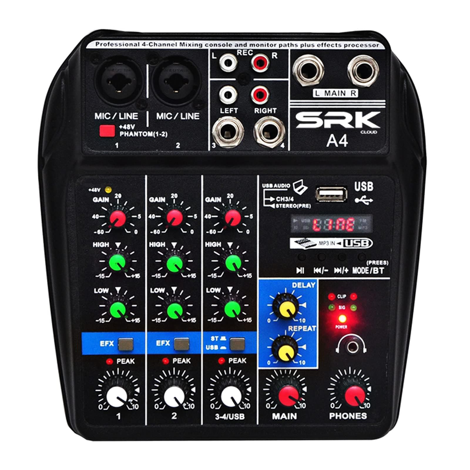 SRK CLOUD A4 Sound Mixing Console Bluetooth USB Record Computer Playback 48V Phantom Power Delay Repeat Effects 4 Channels USB Audio Mixer for singing, karaoke, YouTube