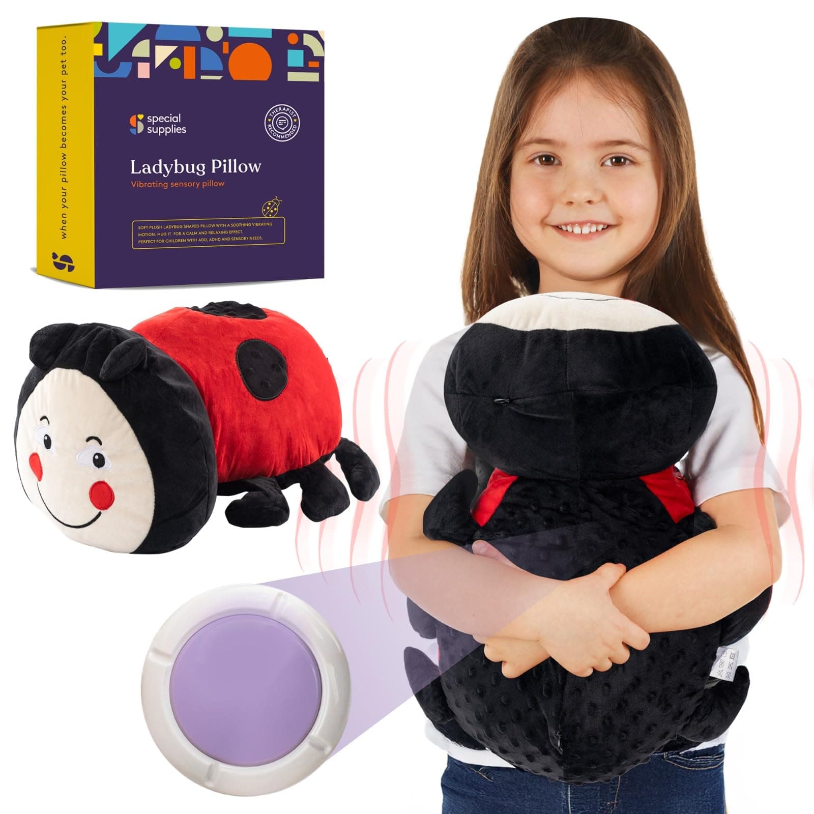 Special Supplies Ladybug Sensory Vibrating Pillow, Pressure Activated for Kids and Adults, Plush Minky Soft with Textured Therapy Stimulation Bumps
