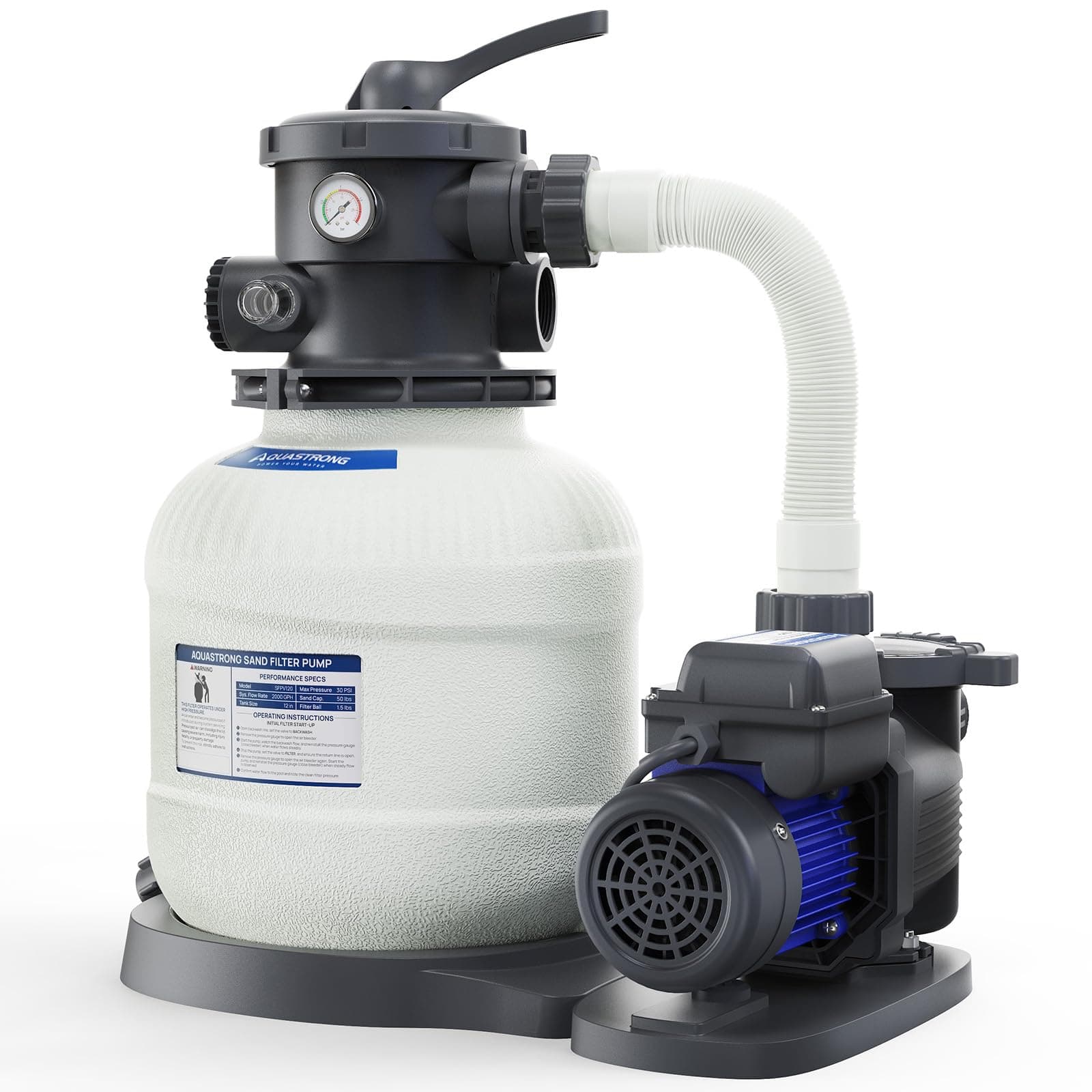 AQUASTRONG Sand Filter Pump for Above Ground Pool with Timer, 3/4 HP Pool Pumps Above Ground 3800 GPH for Pools up to 14000 GAL, 12in Pool Filter with 6-Way Valve, Improved Circulation and Filtration