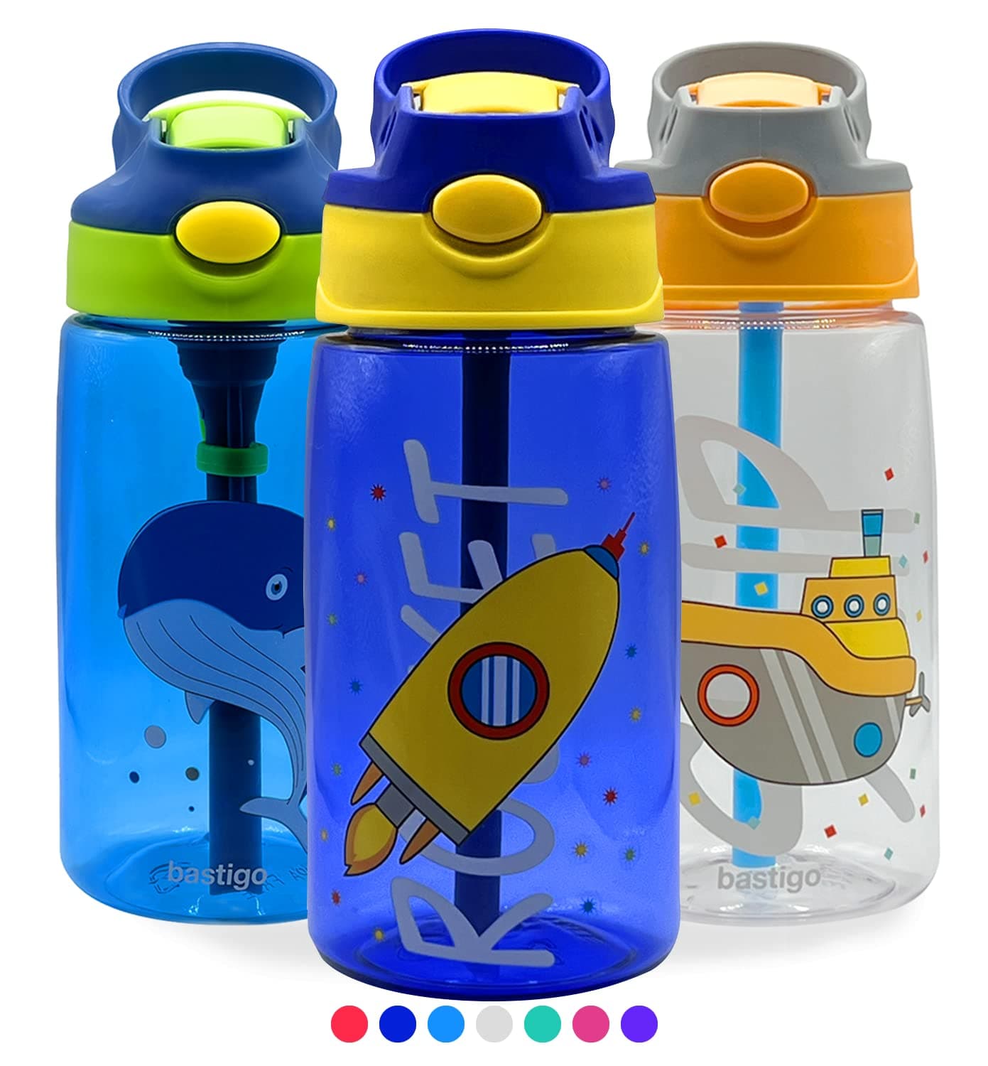 Kids School Water Bottle (Blue Rocket) Cute Toddler Cup with Straw Spill Leakproof Durable Plastic Drinking Bottle for Boys and Girls Child, Indoor Outdoor