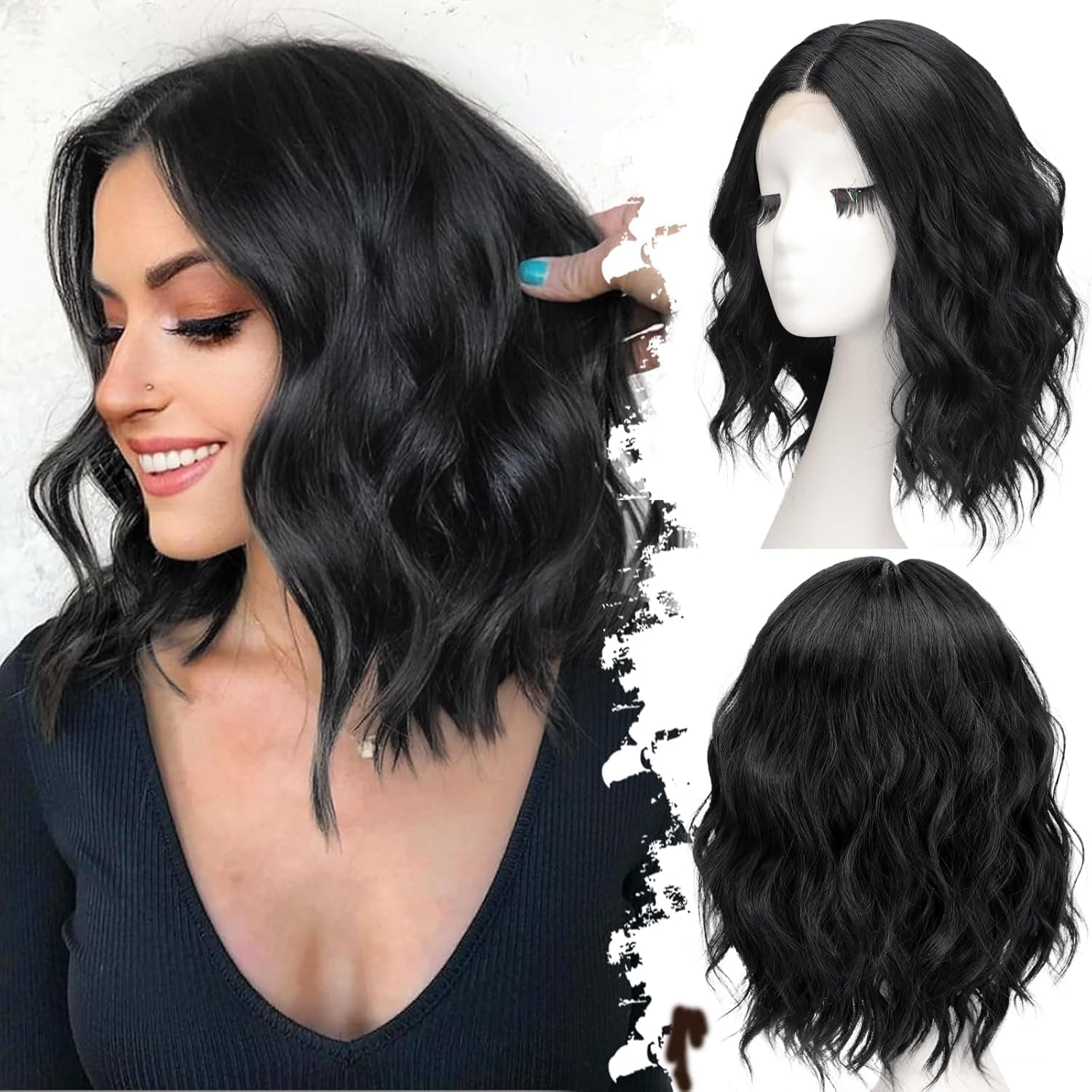 PORSMEER Natural Lace Hairline Short Black Wig Bob Wavy Synthetic Hair Wigs for Women Realistic 12Inch
