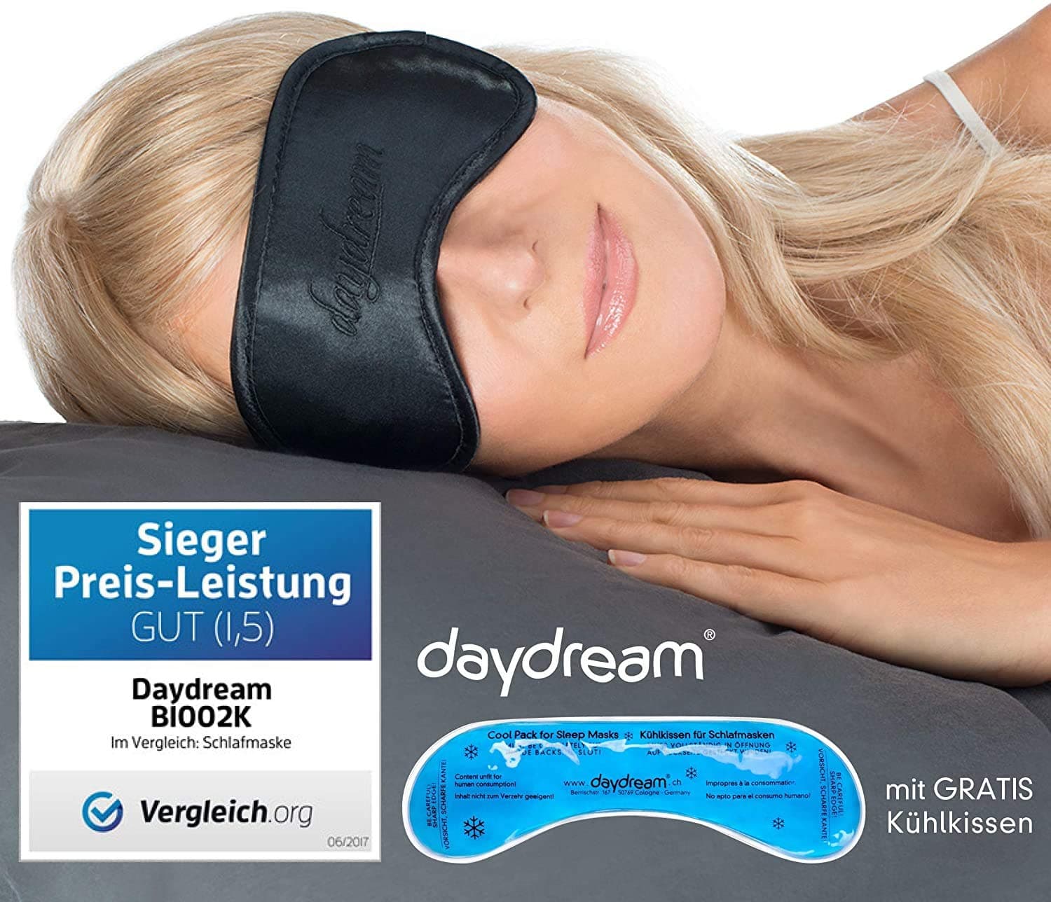 Sleep Mask for Men and Women Including Cooling Pad (= Cooling Mask) – Test Winner – Sleeping Mask – Eye Mask, Black (B-1002K)