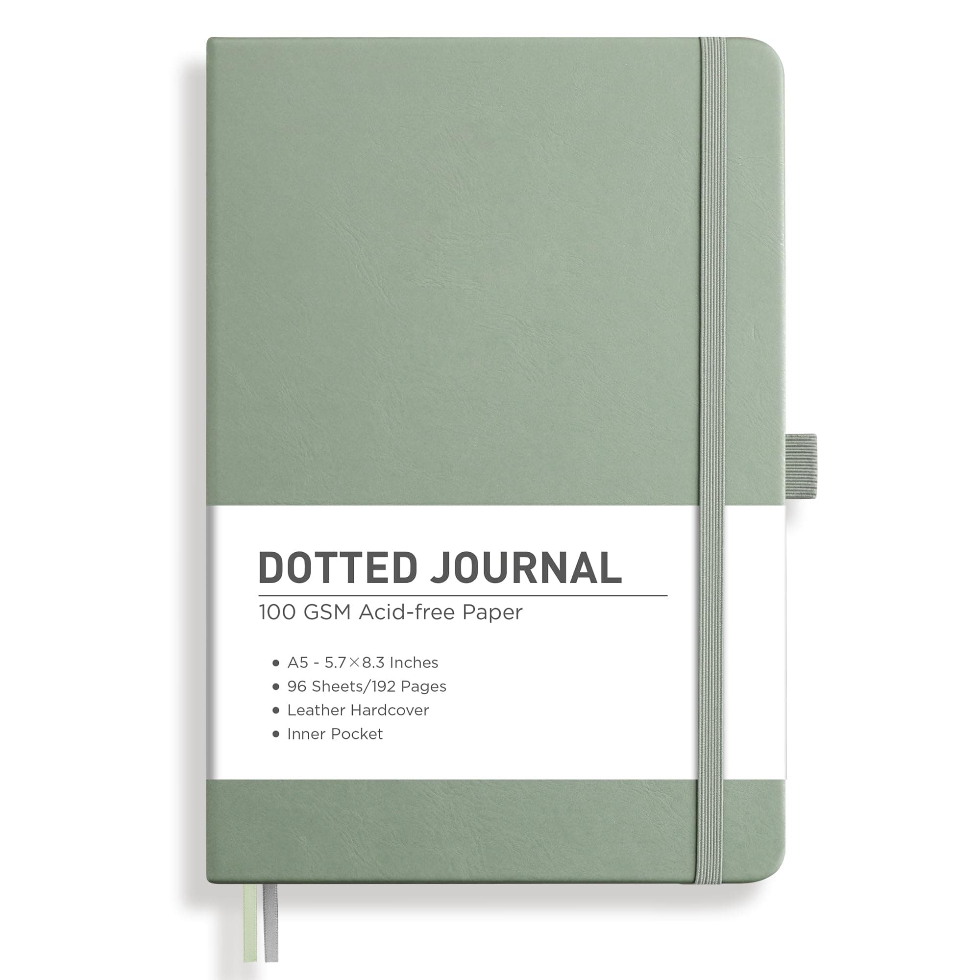 Dotted Journal Notebook, 192 Pages, A5 Medium Size (5.7'' x 8.3''), Leather Hardcover, 100 GSM Thick Paper, for Journaling, Planning, Tracking (Sage Green)