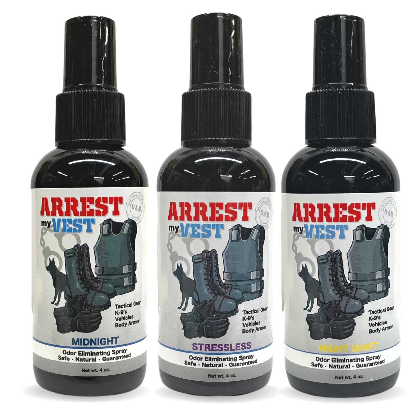 Military and Police Grade Odor Eliminating Spray for Body Armor Odor, Tactical Gear. Safe on K9's. Triple Pack of Assorted Fragrances 1 Midnight, 1 Stressless and 1 Night Shift Bottles