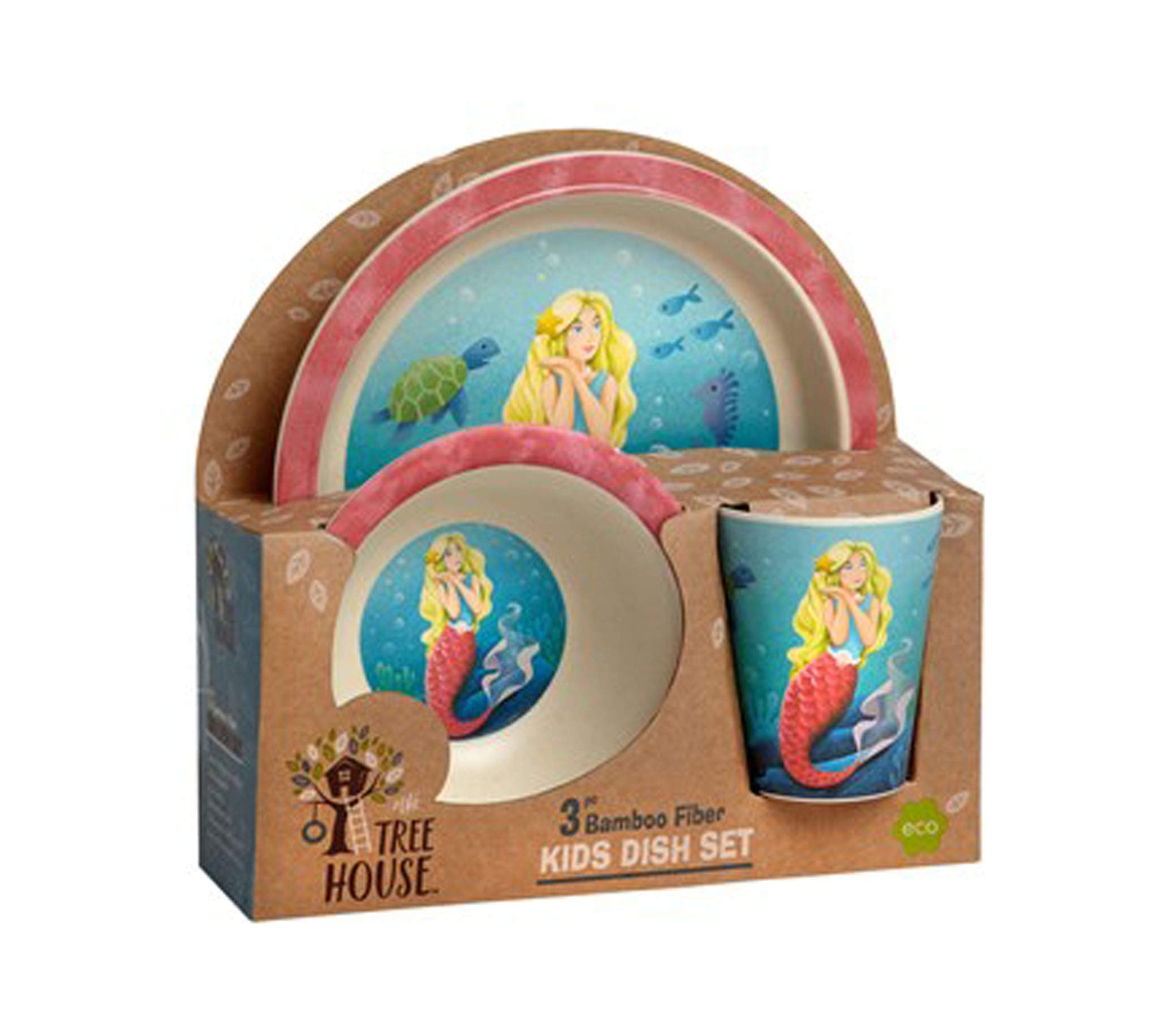 Kids Dinnerware 3 Piece Set - Bamboo Plate, Bowl, Cup (Mermaid)