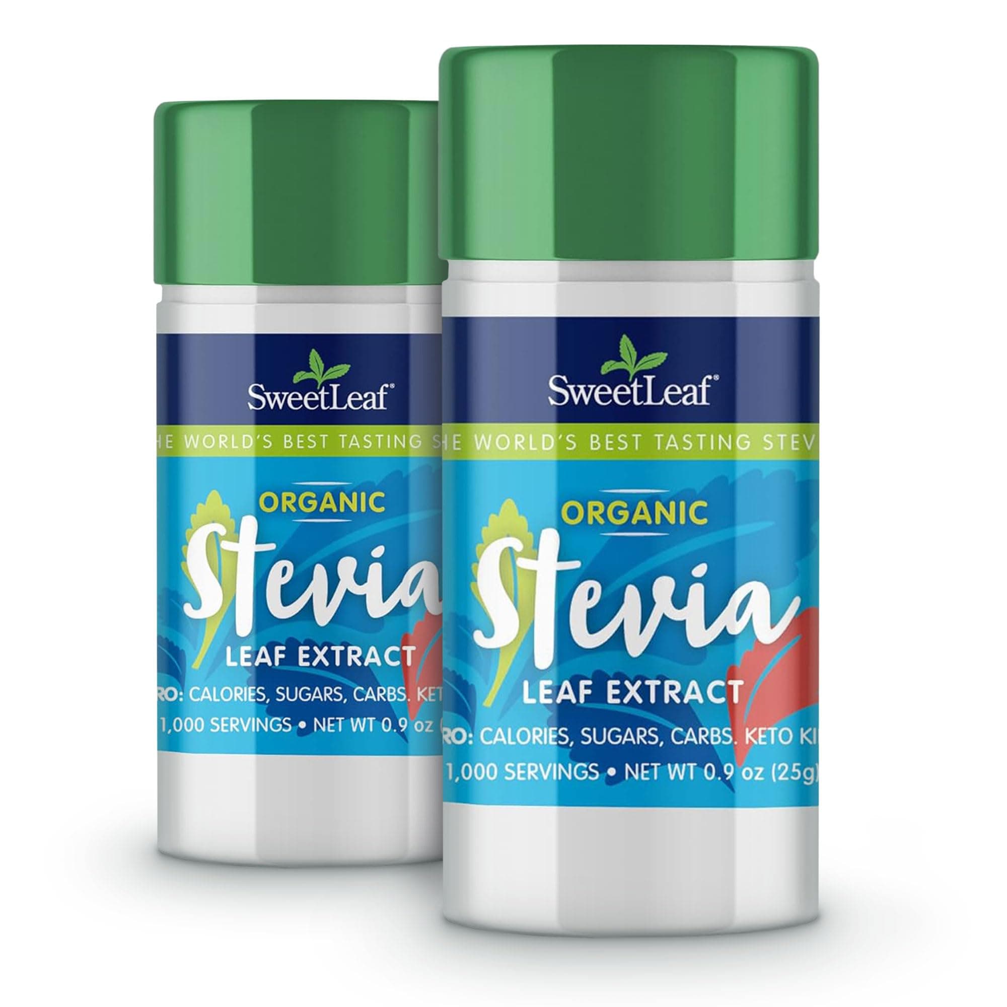 Organic Pure Stevia Powder Shaker Jar - Zero Calorie Sweetener with Pure Stevia Leaf Extract, No Artificial Sweetener Additive, Sugar Free, Keto Friendly, Gluten Free - 0.9 Oz (Pack of 2)
