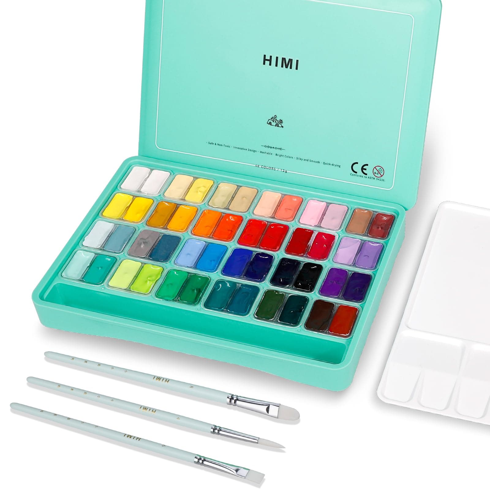 HIMI Twin Cup Jelly Gouache Paint Set 48 Colors x 12ml/0.4oz with 3 Brushes and Palette Non-Toxic Jelly Gouache Paints for Canvas and Watercolor Paper Perfect for Beginners, Students, Artists