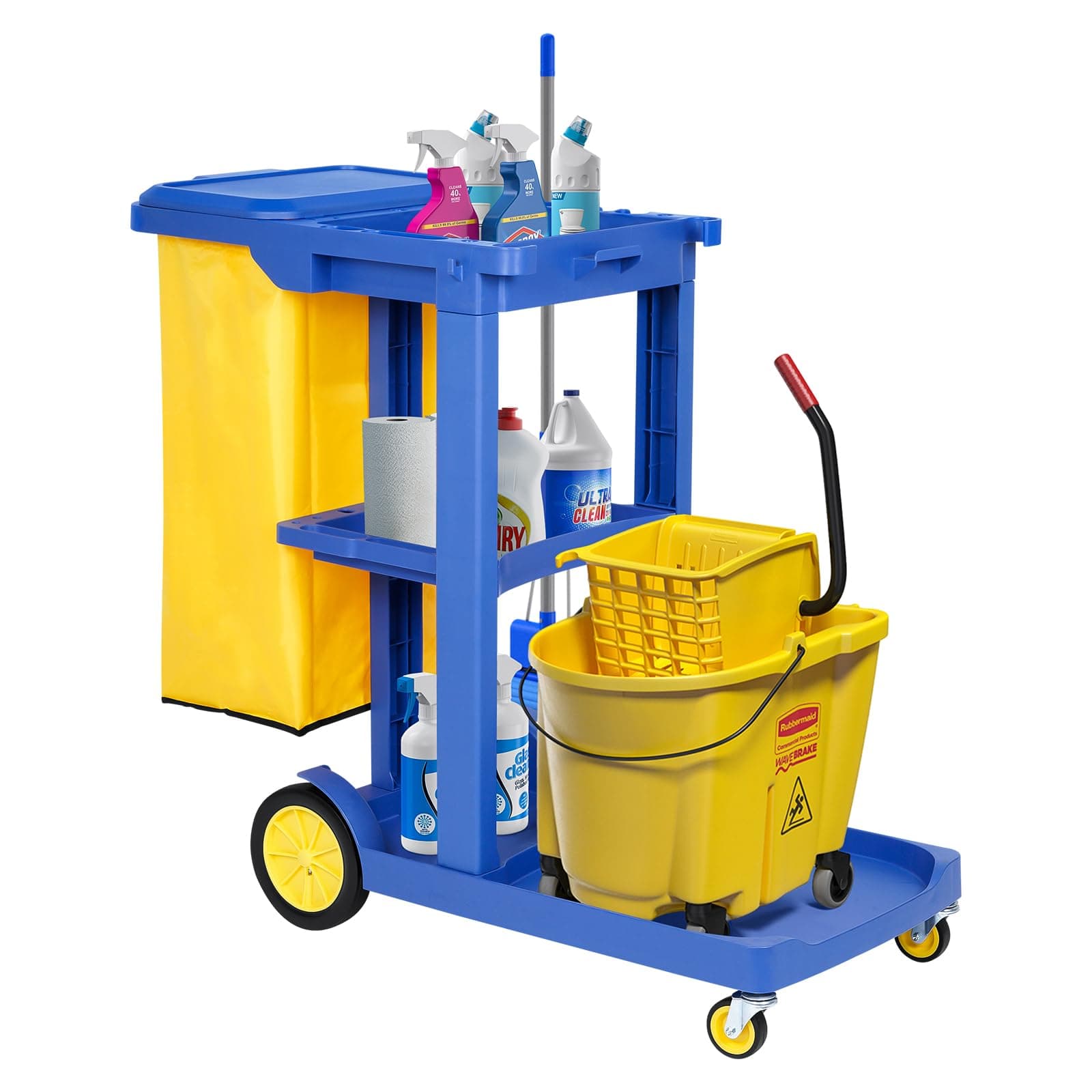– Janitorial Trolley Janitor-Housekeeping Cart on Wheels Cleaning Trolley with Vinyl Bag Lid Heavy Duty Commercial 3-Tier Janitorial Cart on Wheels for Hotel Service Shopping Centres Office