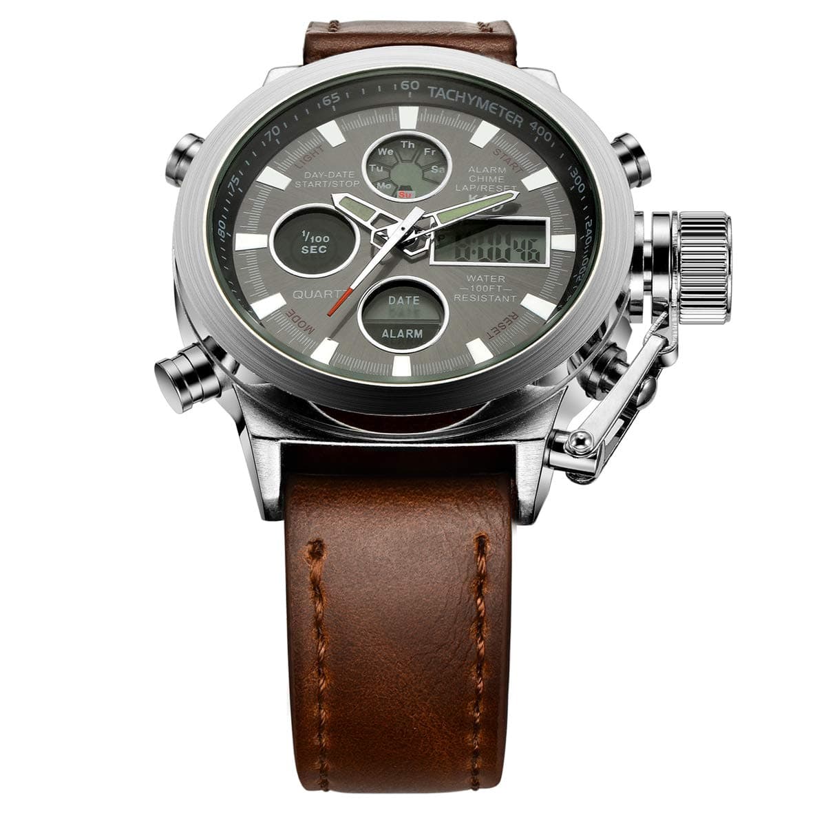 Tamlee Fashion Brown Leather Men's Military Watch Waterproof Analog Digital Sports Watches for Men