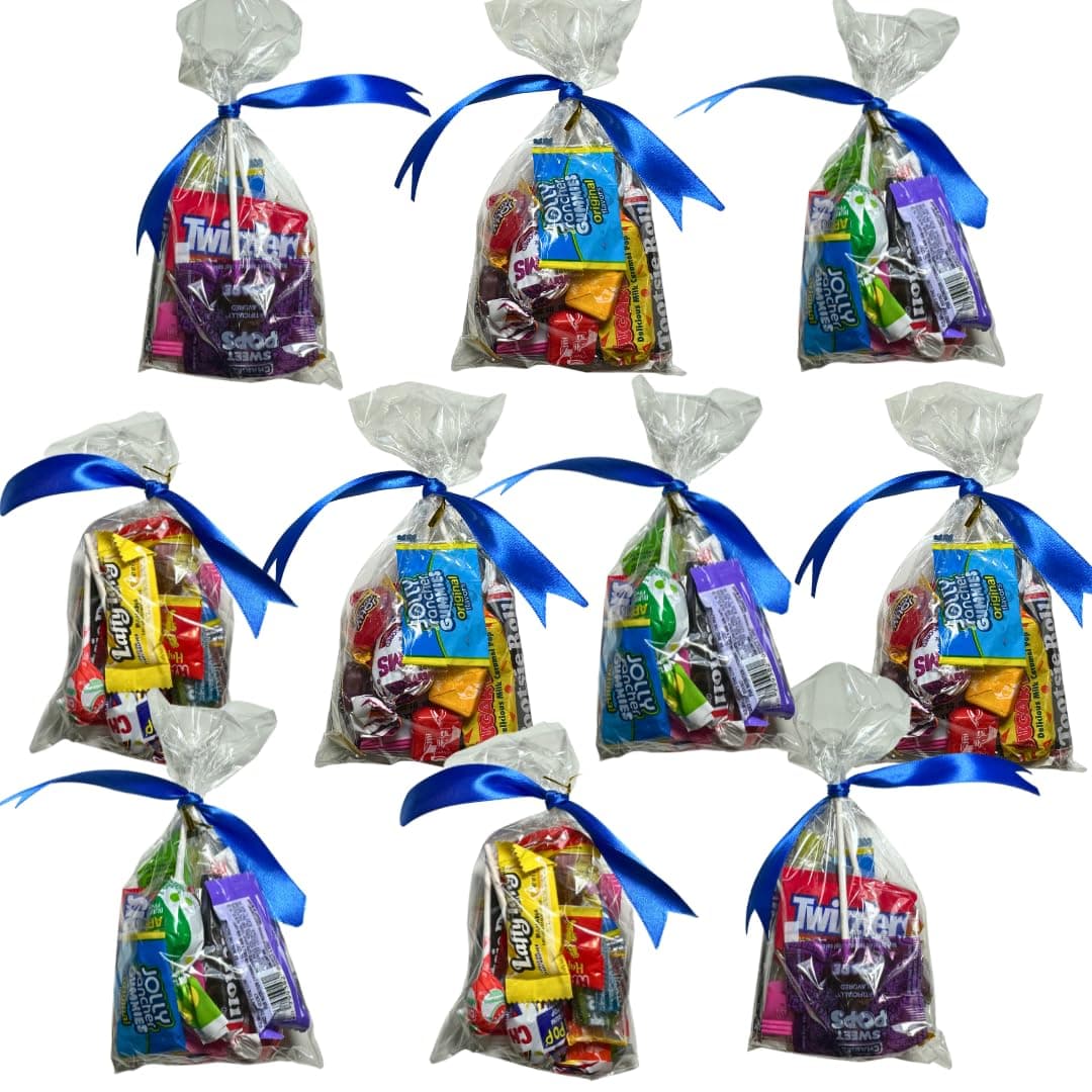 Fairetail Prepacked Gift Bags - For all Occasions - Gift Bag for Birthday Party, Gender Reveal, Graduation, Christmas, Dinner Party, Kids Birthday and more! 10 Individually packed 4 OZ bags of Candy with Ribbon (Blue Ribbon, 10ct)