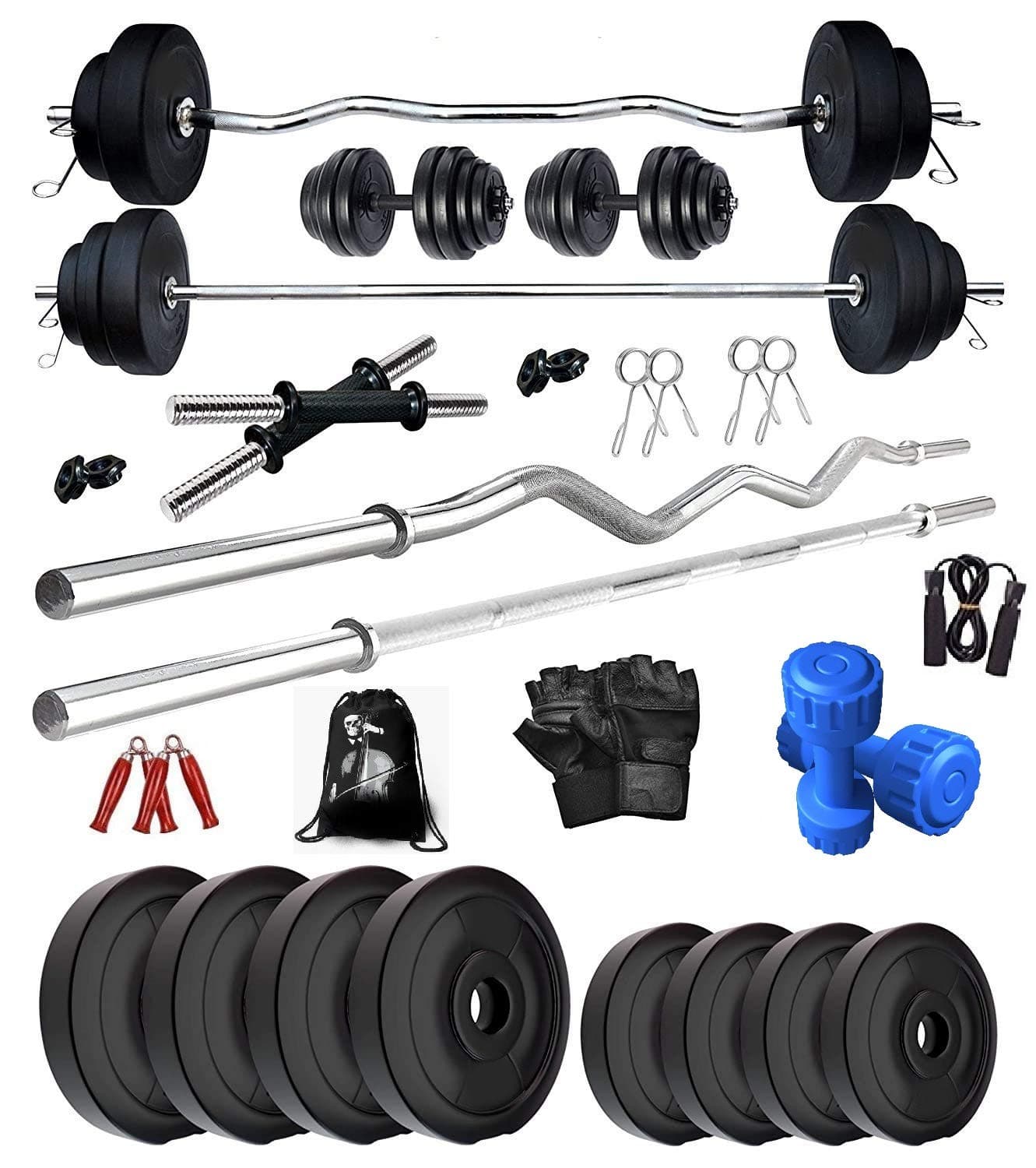 BODYFIT Home Gym Combo Set, Gym Equipments, [8Kg-100 Kg], 3ft Curl, 5Ft Straight Rod + One Pair Dumbbell Rods, PVC Dumbbell Plates, Weight Plates, Exercise Set, Home Gym Kit. (40KG Combo Set)