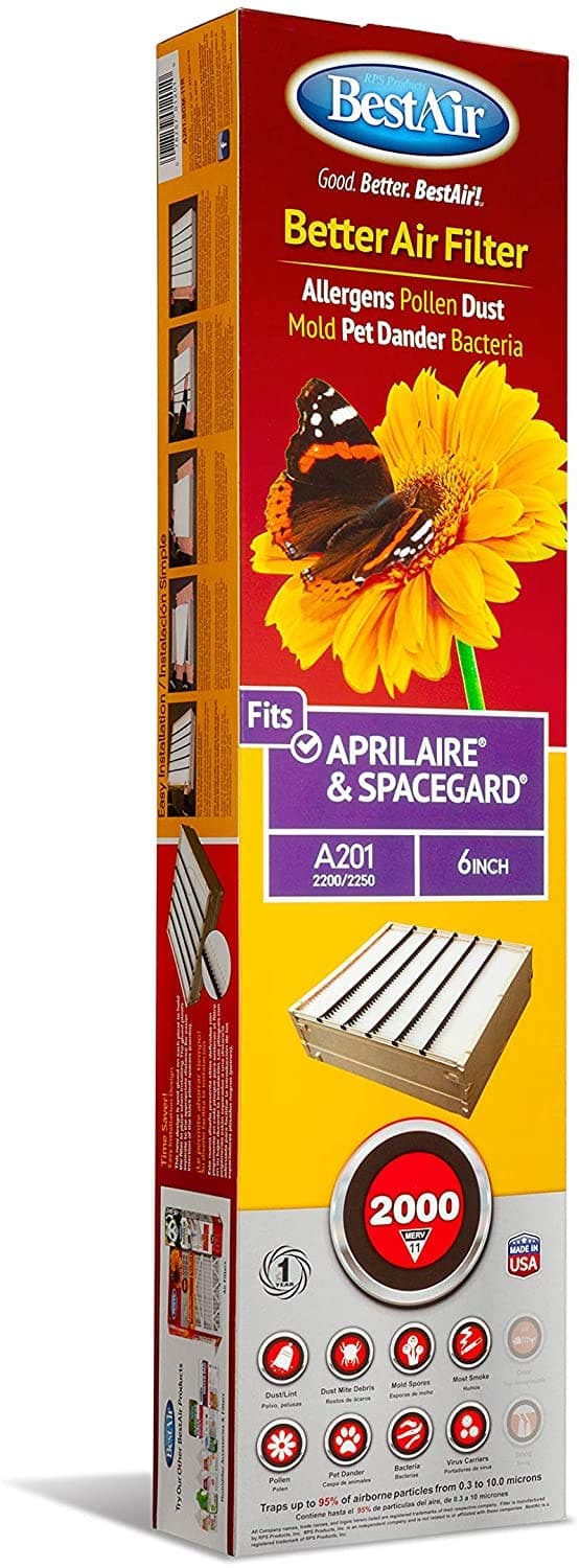 BestAir AC Furnace Air Filter, 20" x 25" x 6", MERV 11, Without Cardboard Frame, Fits 100%, for Aprilaire/SpaceGard 2200, 2250 (201) & Lennox PMAC-20C 24", Alloy Steel, White, Pack of 6
