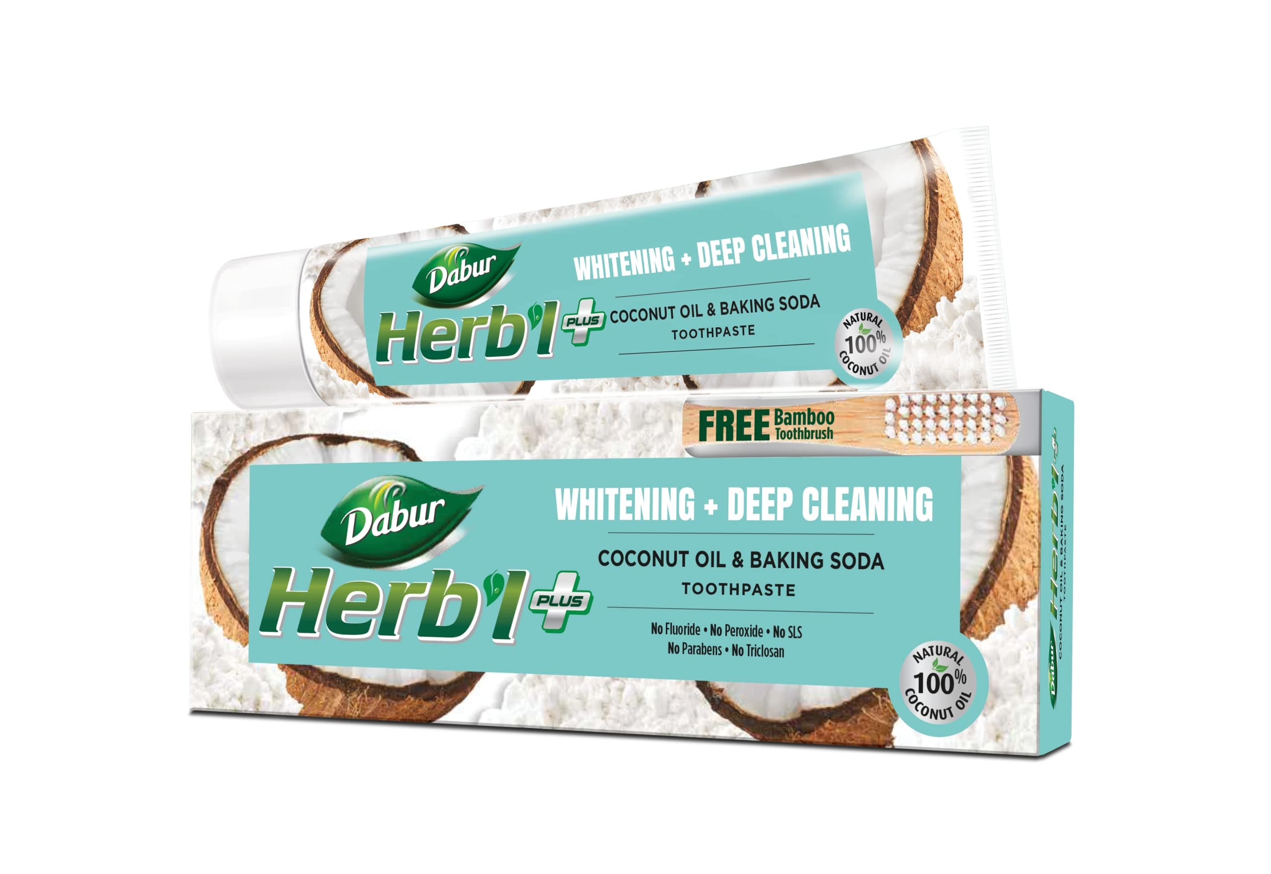 Dabur Herb'l Plus Toothpaste - Coconut Oil & Baking Soda for Whitening and Deep Cleaning - 150gm with Free Bamboo Toothbrush