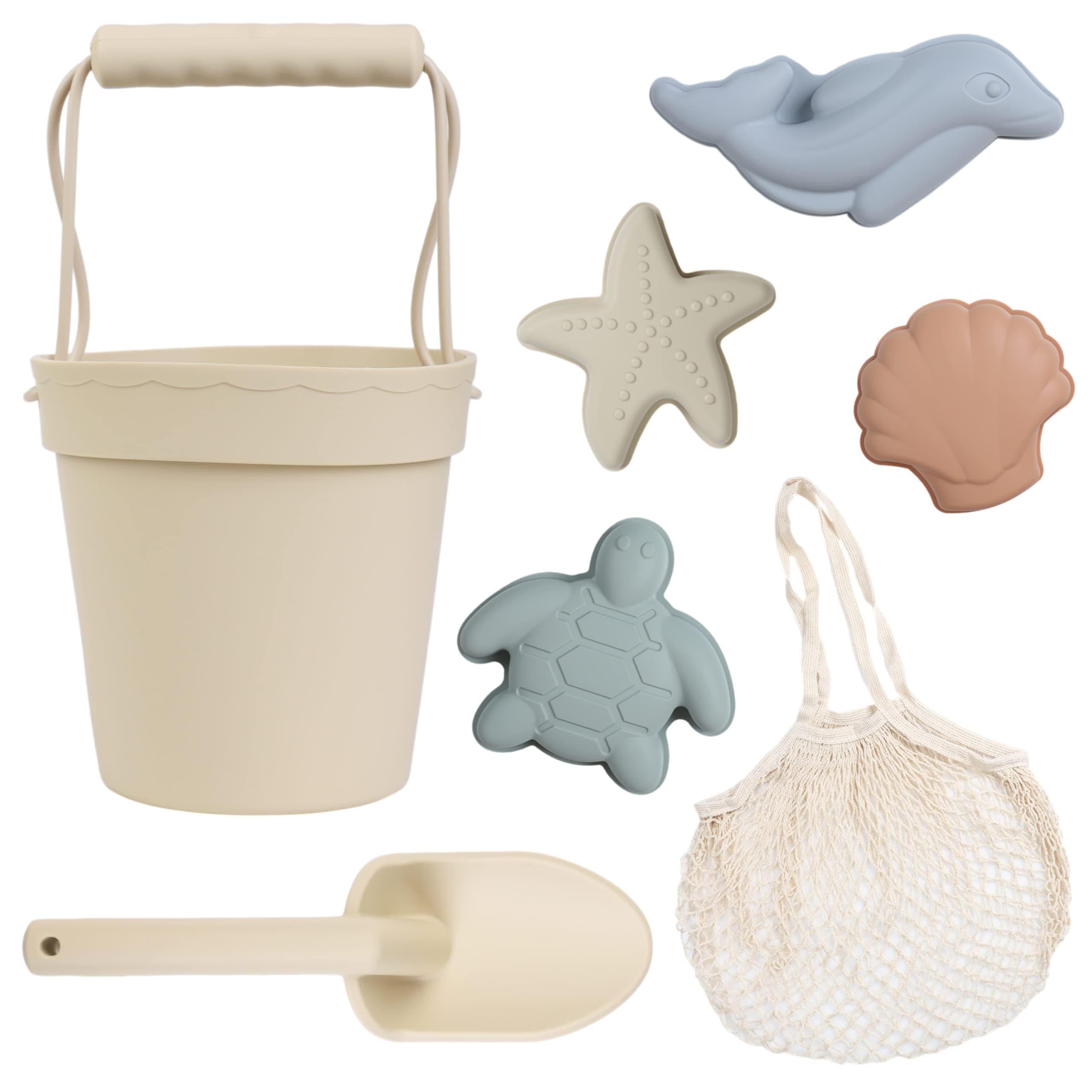 BLUE GINKGO Silicone Beach Toys - Modern Baby Travel Friendly Beach Set | Bucket, Shovel, 4 Sand Molds, Bag | Sand Toys for Toddlers, Kids - 7pc (Beige)