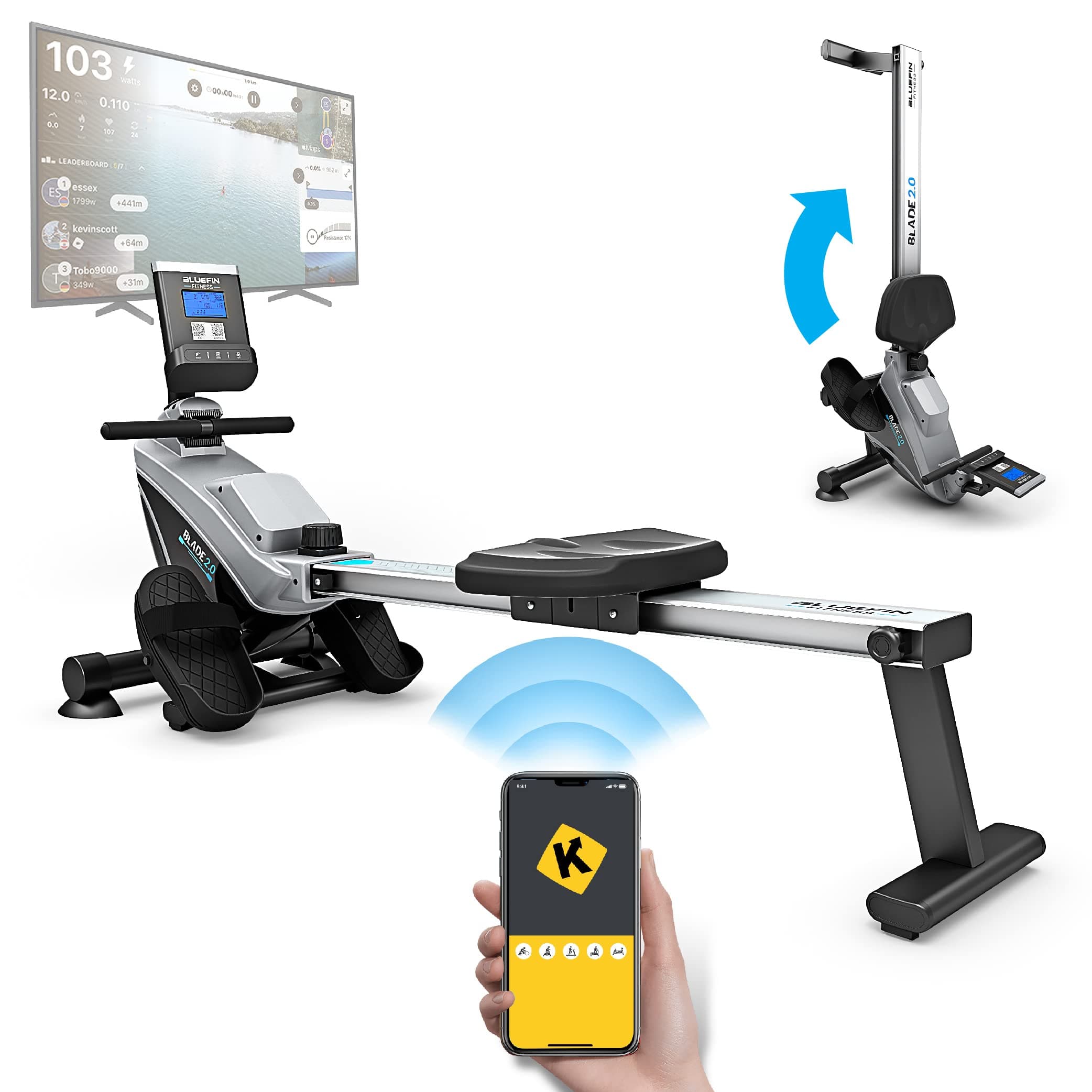 Bluefin FitnessRower Machine Blade Home Gym Foldable | Magnetic Resistance Rower | 8 x Tension Levels | Smooth Belt Drive | LCD Digital Fitness Console | Smartphone App | Black & Grey Silver