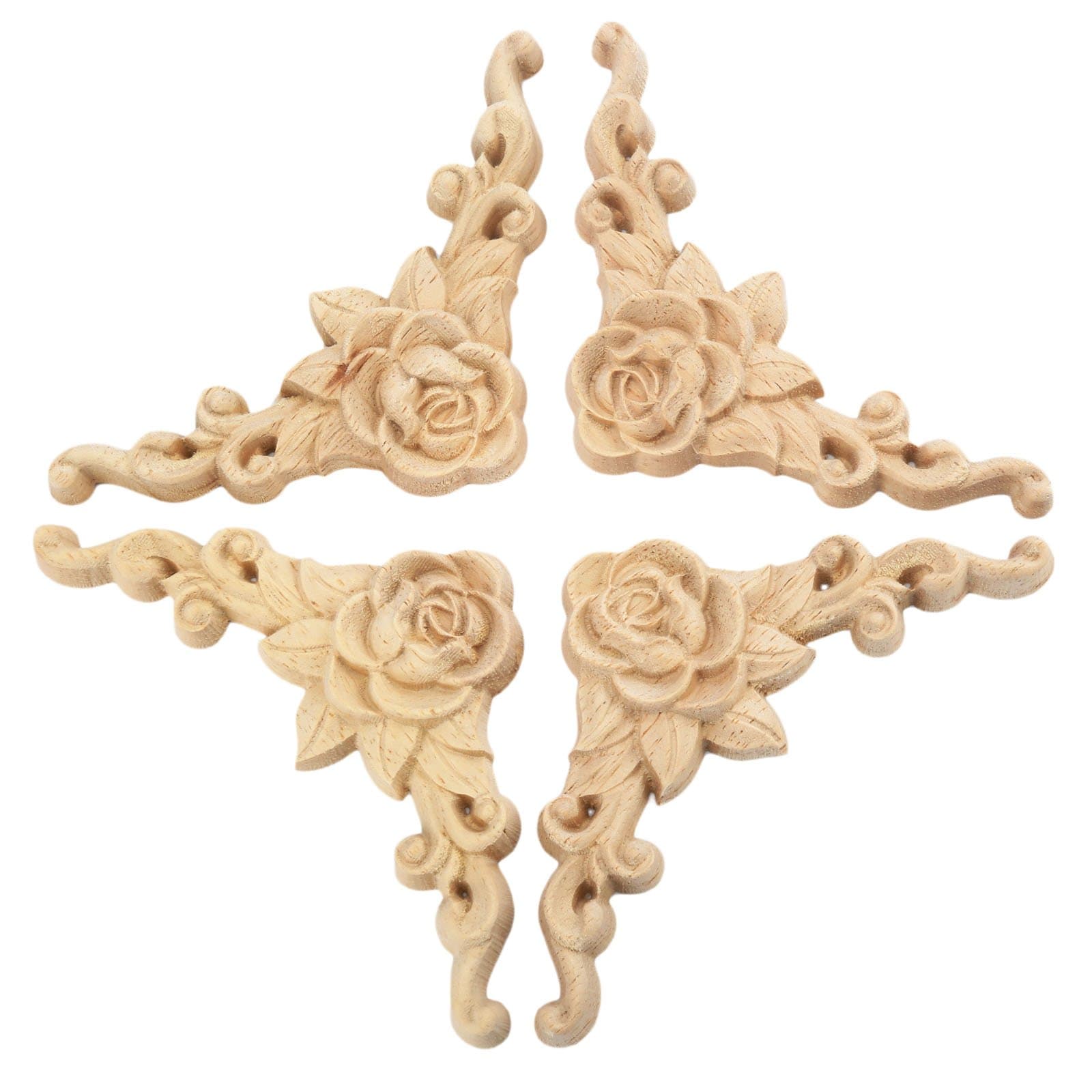 MUXSAM 4Pcs Wood Appliques & Onlays for Furniture, 3.15" x 3.15"(8x8cm), Handmade Carved Unpainted Corner Decoration for Home Wall Door Bed Cabinet Cupboard Funiture Door Cabinet Retro Rose Pattern