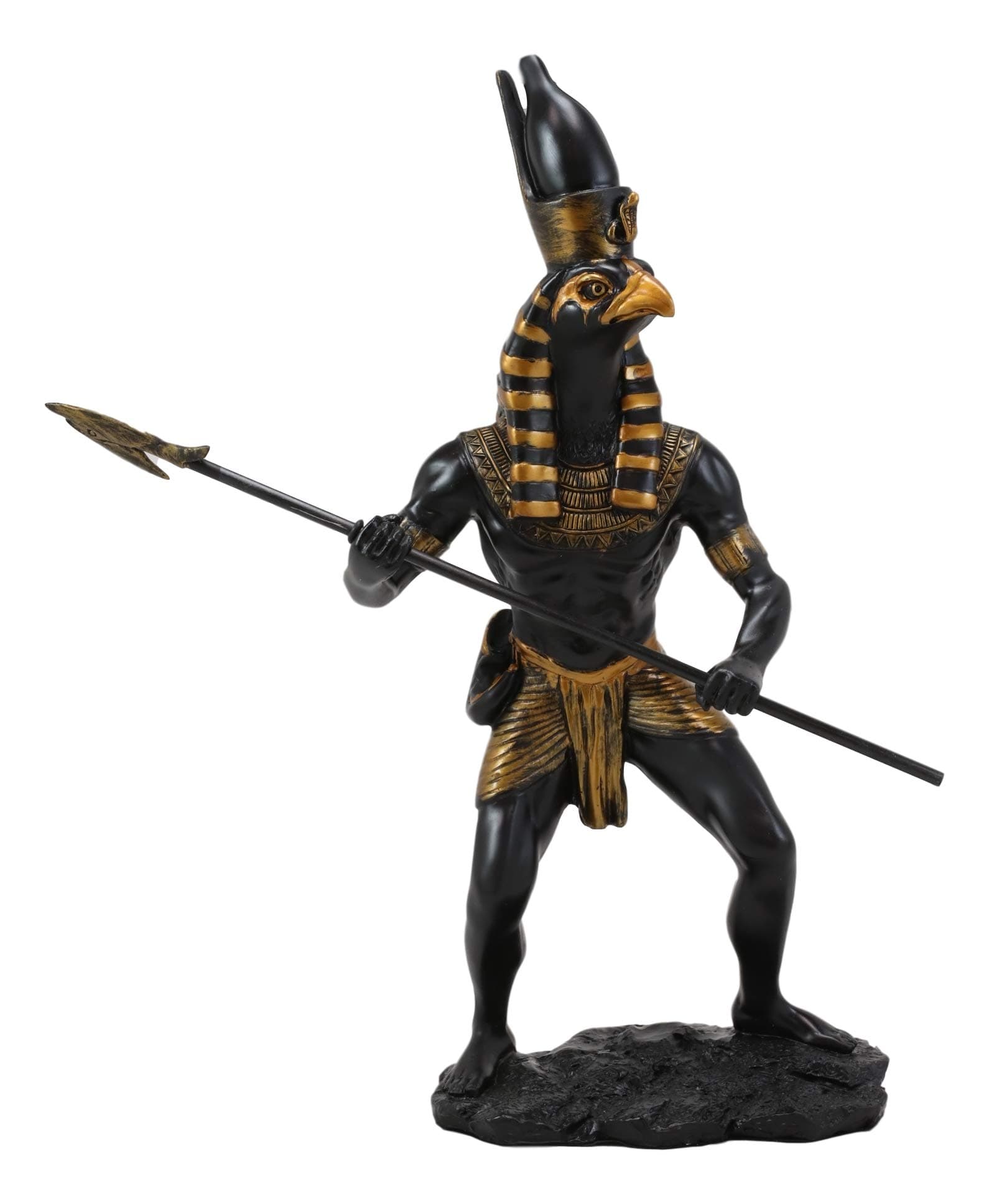 Ebros Gift Egyptian Mythology God Horus Ra with Pschent and Spear Statue in Classical Black and Gold Finish Gods of Egypt Deity of War and Sky Falcon Heru Figurine 12" Tall Home Decor Sculpture