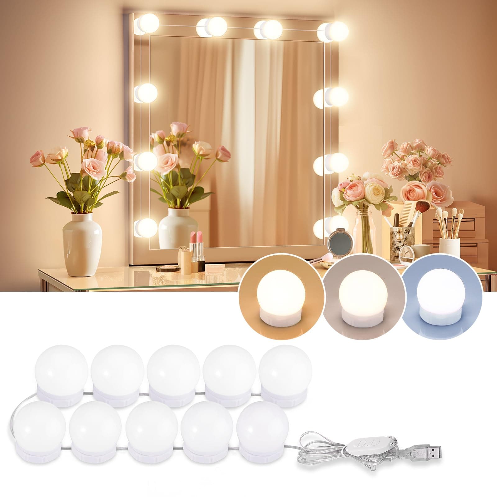 Consciot LED Hollywood Style Vanity Lights with 10 Dimmable Bulbs, Adjustable Color & Brightness, USB Light Kit, Mirror Lights Stick On for Makeup Table & Bathroom Mirror