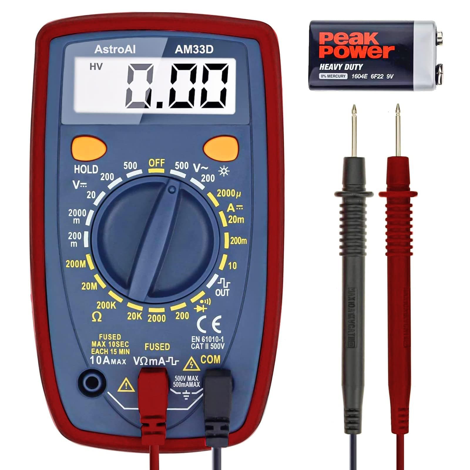 AstroAI Tester 2000 Count Tester Digital Multimeter Electrical Voltmeter Ammeter Resistance Diode Measurement Conduction Tester Small LCD Backlight Automotive Electronic Measuring Equipment Accessories