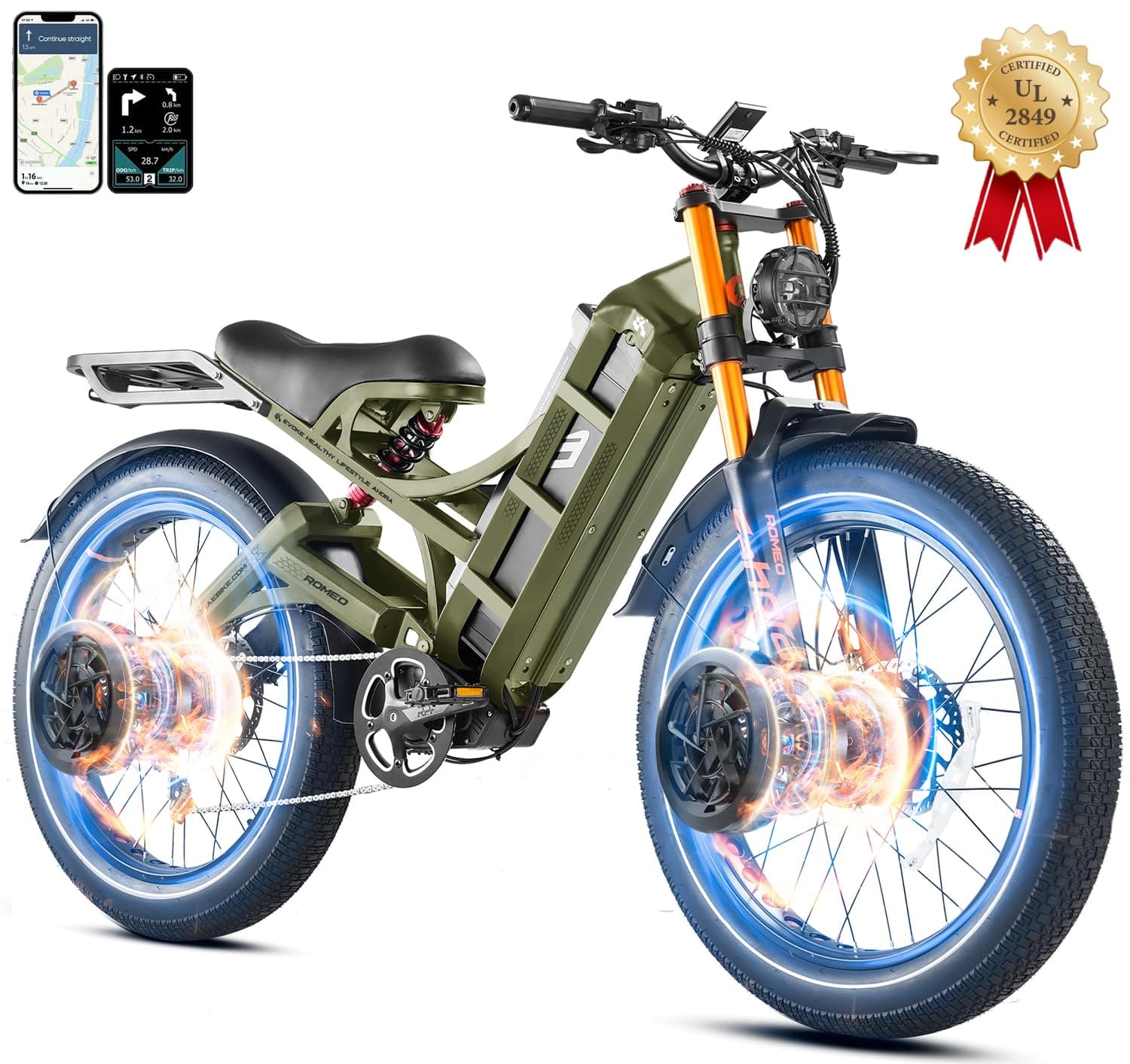 2025 Romeo Pro Ⅱ/Romeo Pro 4000W/1600W, 46+ MPH Dual Motor Electric Bike for Adults, 70Ah Long Range 100-200 Miles Ebikes, 26" Fat Tire Electric Mountain Bike Full Suspension, UL Certified