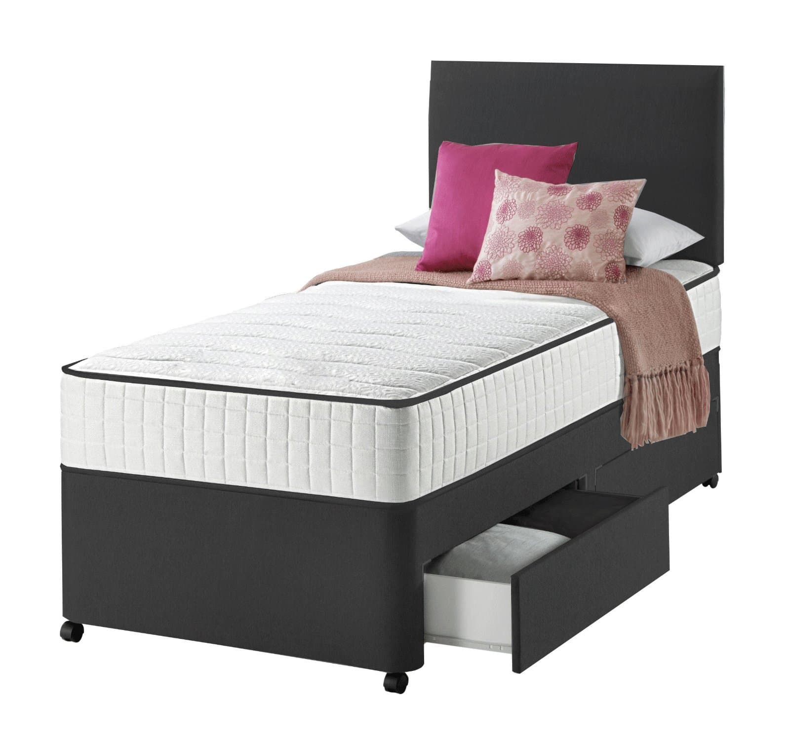 Sleep Factory LtdBlack Single Divan Bed For Adult and Kids with Mattress with No Storage Option With Free Headboard (3FT No Storage)