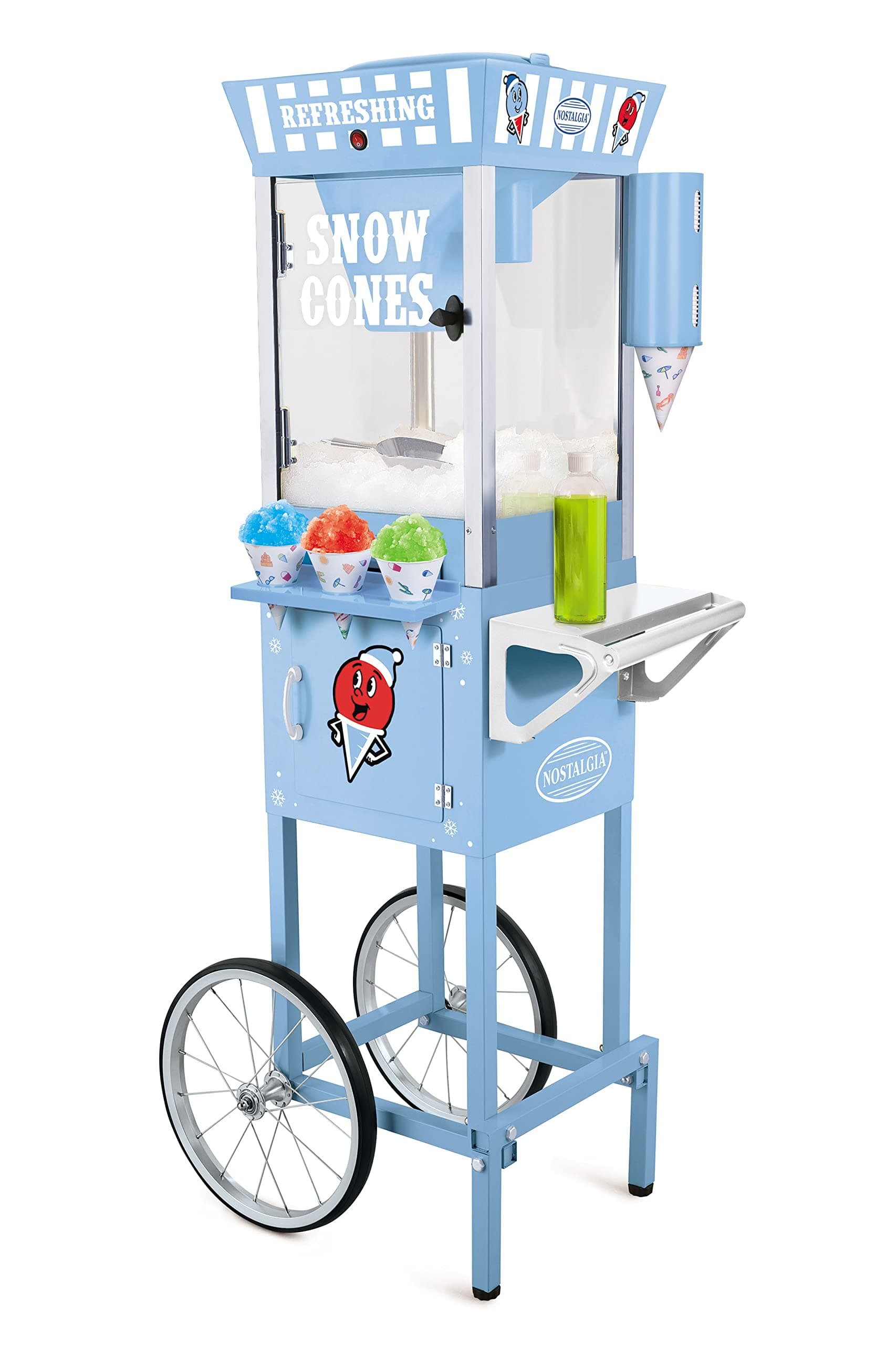 Snow Cone Cart, 54-Inch, Makes 72 ICY Treats, Vintage Snow Machine Includes Metal Scoop, 2 Syrup Bottles, 100 Paper Cups/Spoons, Storage Compartment, Wheels for Easy Mobility, Blue