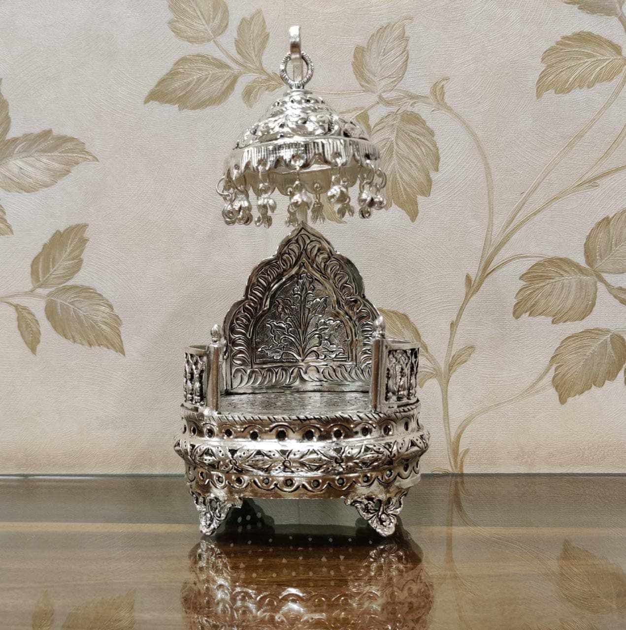 German Silver Hand Engraved Singhasan For Hindu Diety, Antique Oxidized Silver Pooja Items For Office Temple, House Temple & Housewarming | 5*3 Inch (base) & 10 Inch Height (including Chatar)