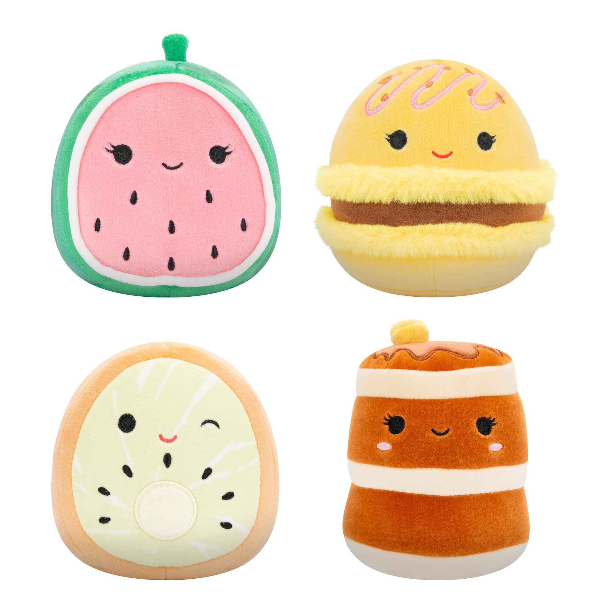 Original 5-Inch Food 4-Pack – Kachina Kiwi, Rayen Pancakes, Visconti Lemon Macaron, Wanda Watermelon – Official Jazwares Plush (Little)