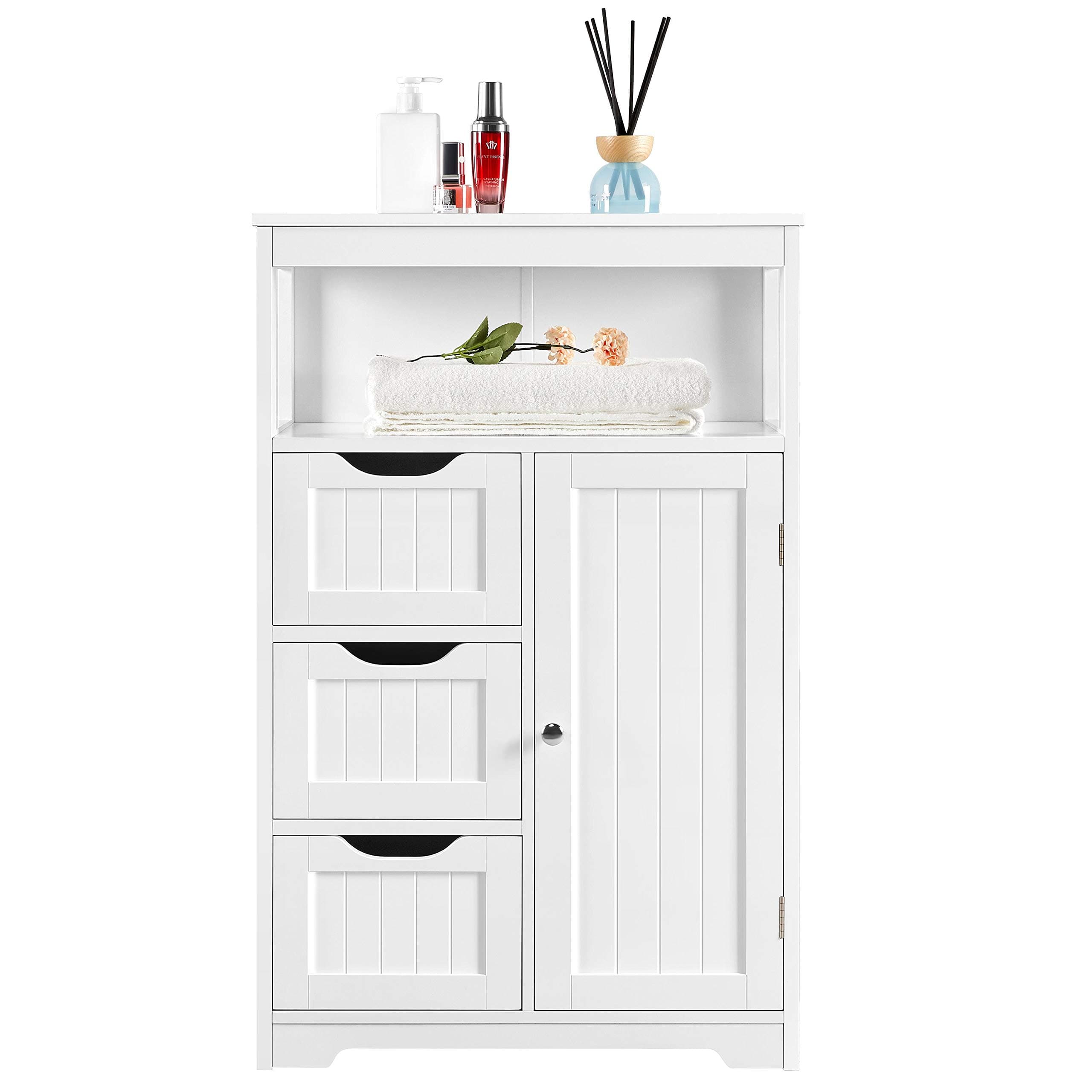 Yaheetech Bathroom Storage Units with Open Storage Shelf Free-standing Floor Cabinets Sideboard with 3 Drawers and 1 Door, Adjustable Shelf for Living Room Kitchen Entryway White