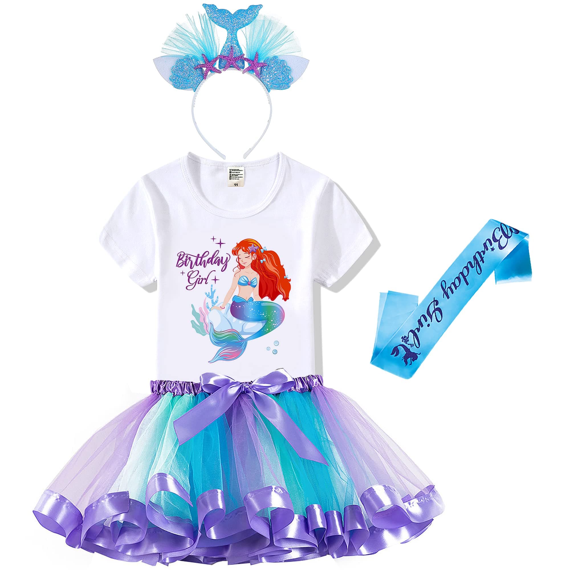 Tutu and SianMermaid Outfit Set – Shirt, Rainbow Tutu Dress, Satin Sash, Headband – Birthday Gifts for Girls Costume