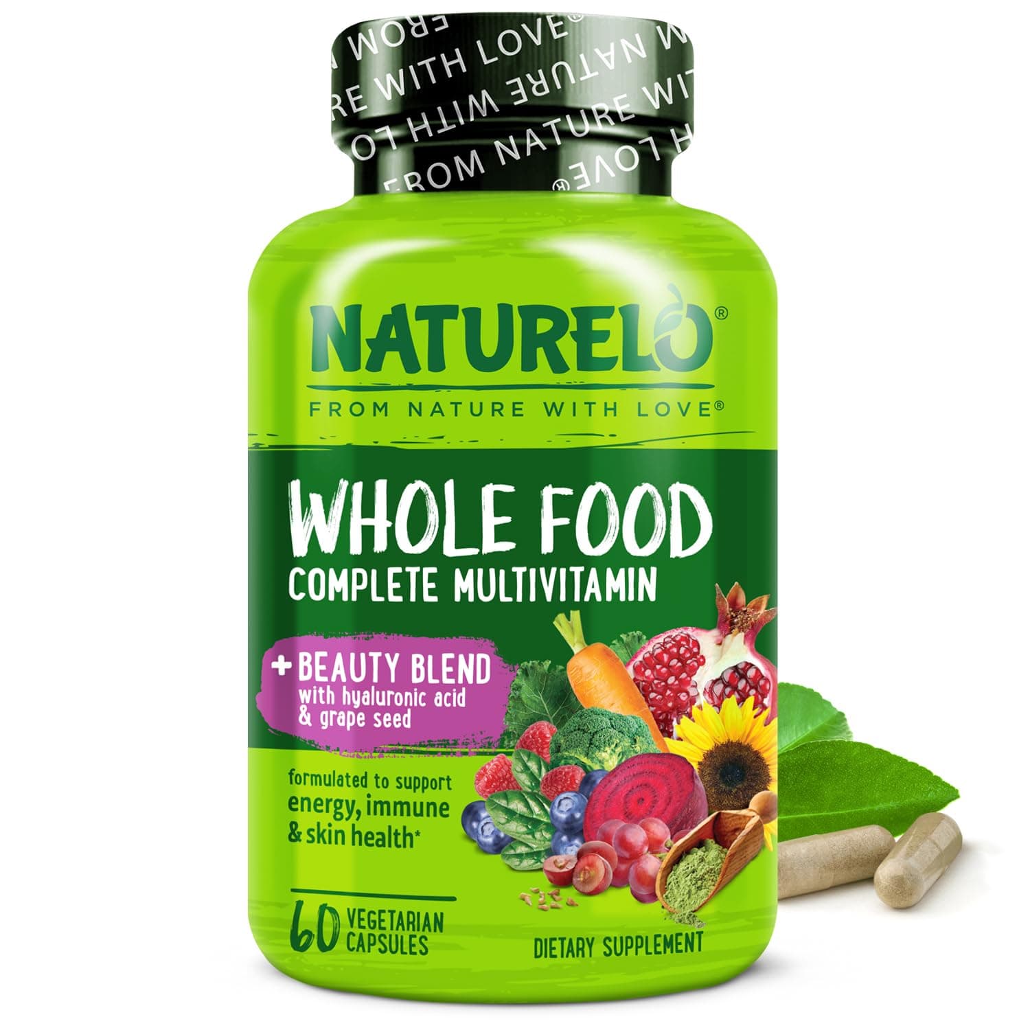 NATURELO Whole Food Multivitamin with Extra Hair, Skin and Nails Support – Beauty Blend with Hyaluronic Acid & Grape Seed - High Potency Biotin, Vitamin C, and Glutathione - 60 Vegan Capsules