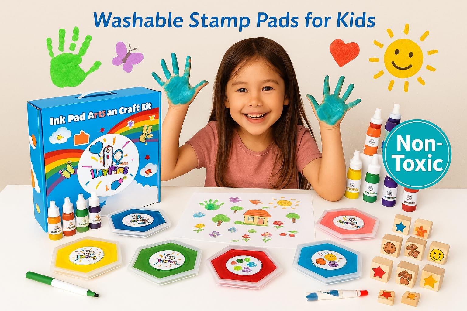 Blue Pinky Washable Stamp Pads for Kids Arts and Crafts Jumbo Non-Toxic Ink with Wooden Stamps, Drawing Pad, Marker and Ink Refills