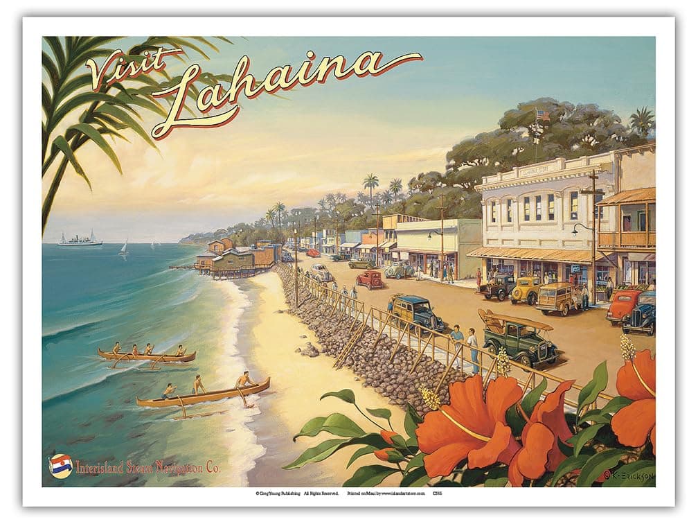 Visit Lahaina - Maui Hawaii - Vintage Hawaiian Travel Poster by Kerne Erickson - Master Art Print (Unframed) 9in x 12in