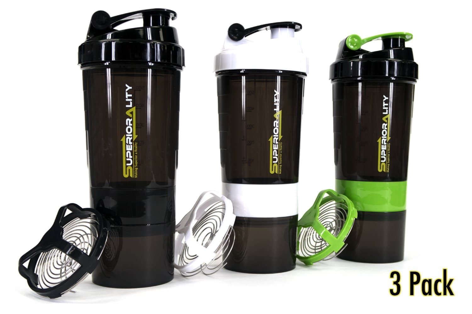 Protein Shaker Bottle with Storage 3 Pack by Superiorality, 17oz Shaker Cups with a Unique Blending Tray, 3 Section Pill Organizer and Two Compartment Cups, Easy to Mix and Clean, BPA-Free